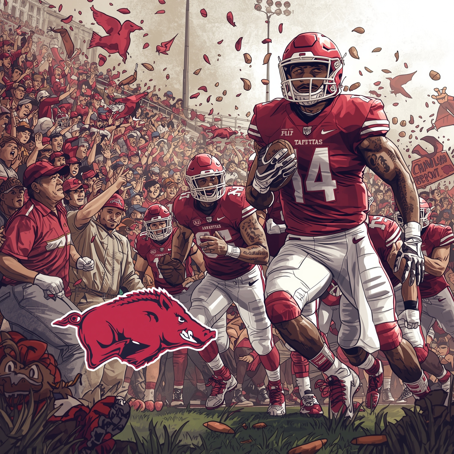 TITLE: Hog Wild Shifts: Coaches, Combacks & Running Back Revolt - painting of Arkansas Razorbacks football venue