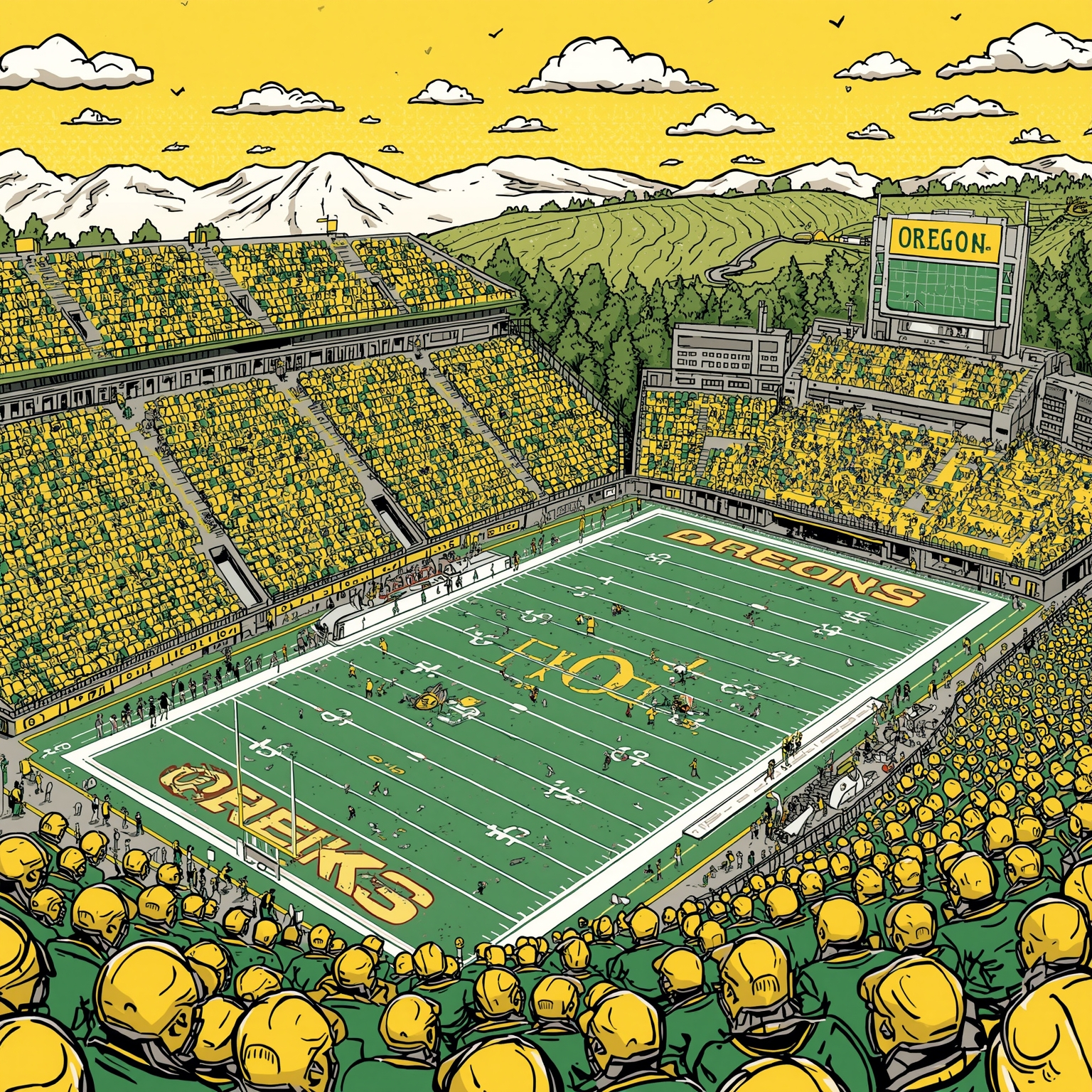 Playbook Exodus and Coach Quips from Dan Lanning - painting of Oregon Ducks football venue