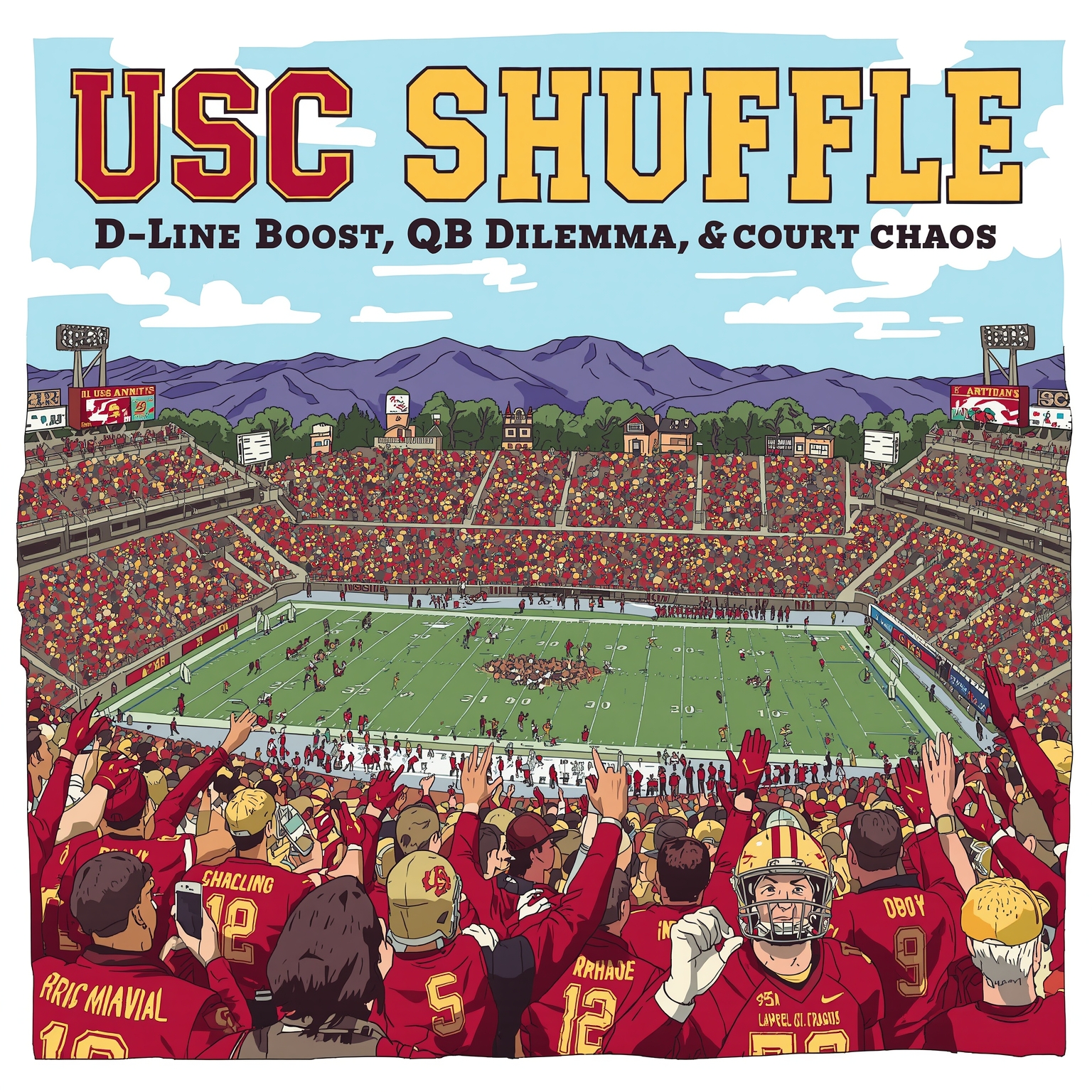 USC Shuffle: D-Line Boost, QB Dilemma & Court Chaos - painting of USC Trojans football,basketball venue
