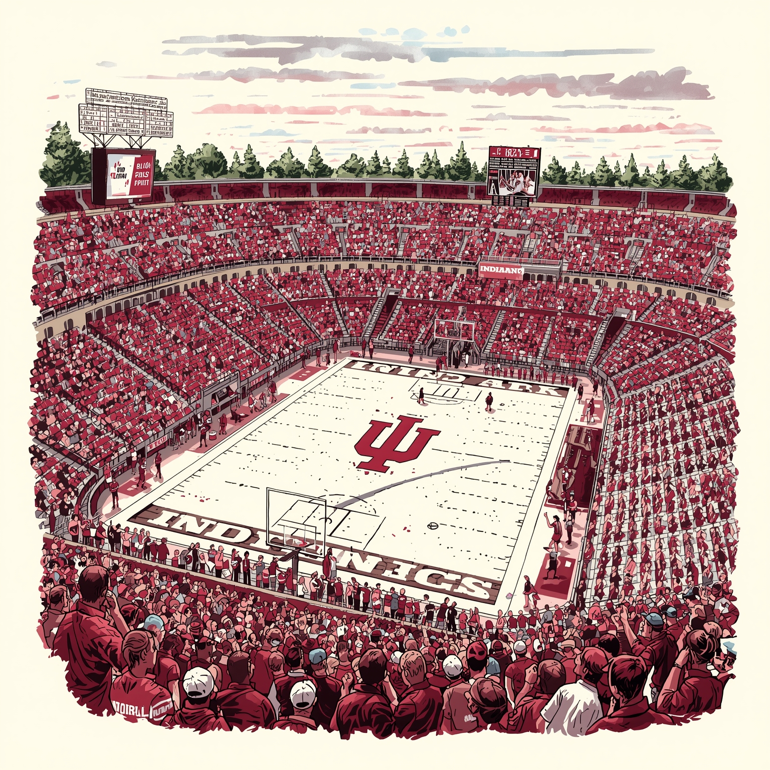 Indiana Athletics: Court Wins, Lineup Moves & Big Deals - painting of Indiana Hoosiers football, basketball venue