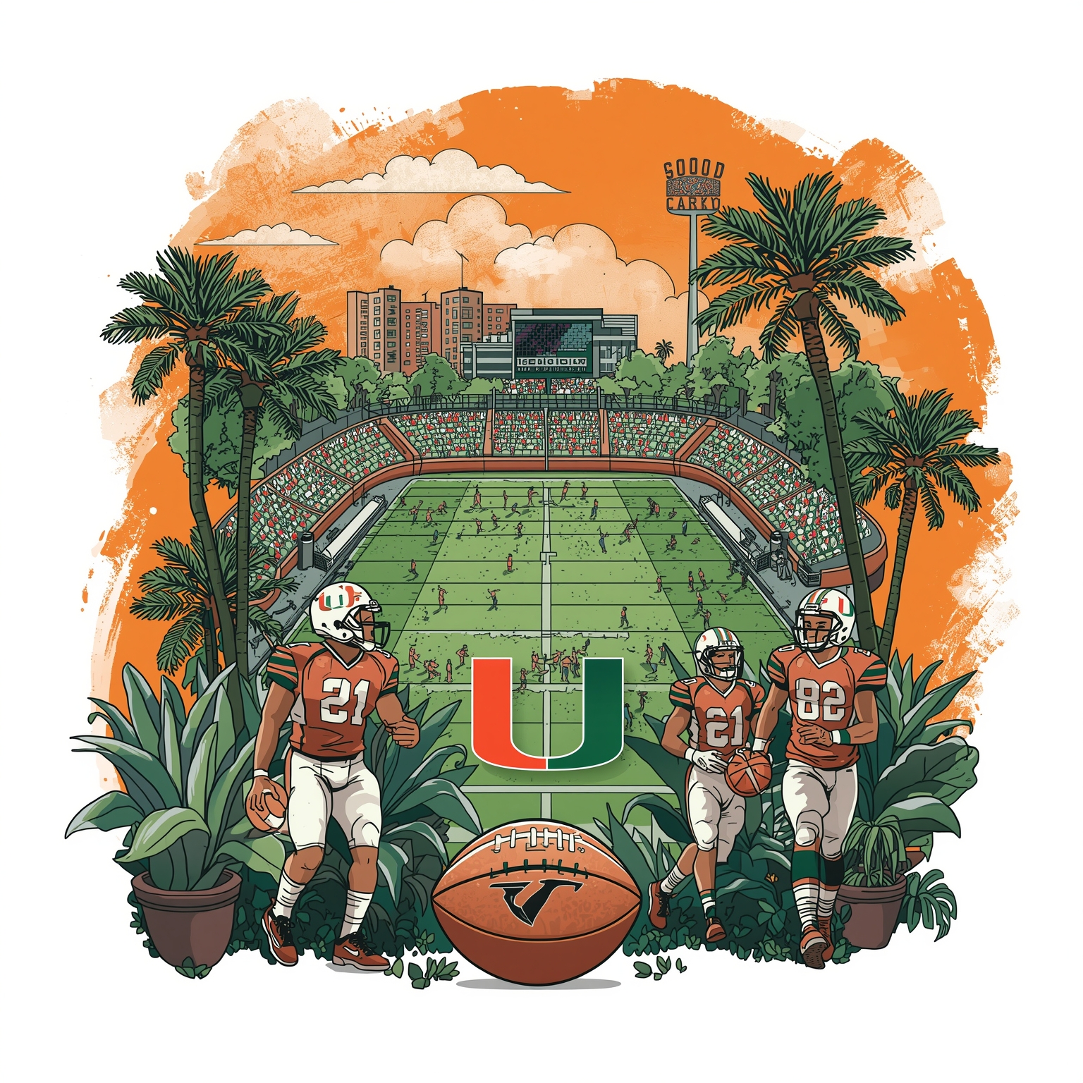 Miami Hurricanes: Playoff Triumphs and Court Conquests - painting of Miami Hurricanes football,basketball venue