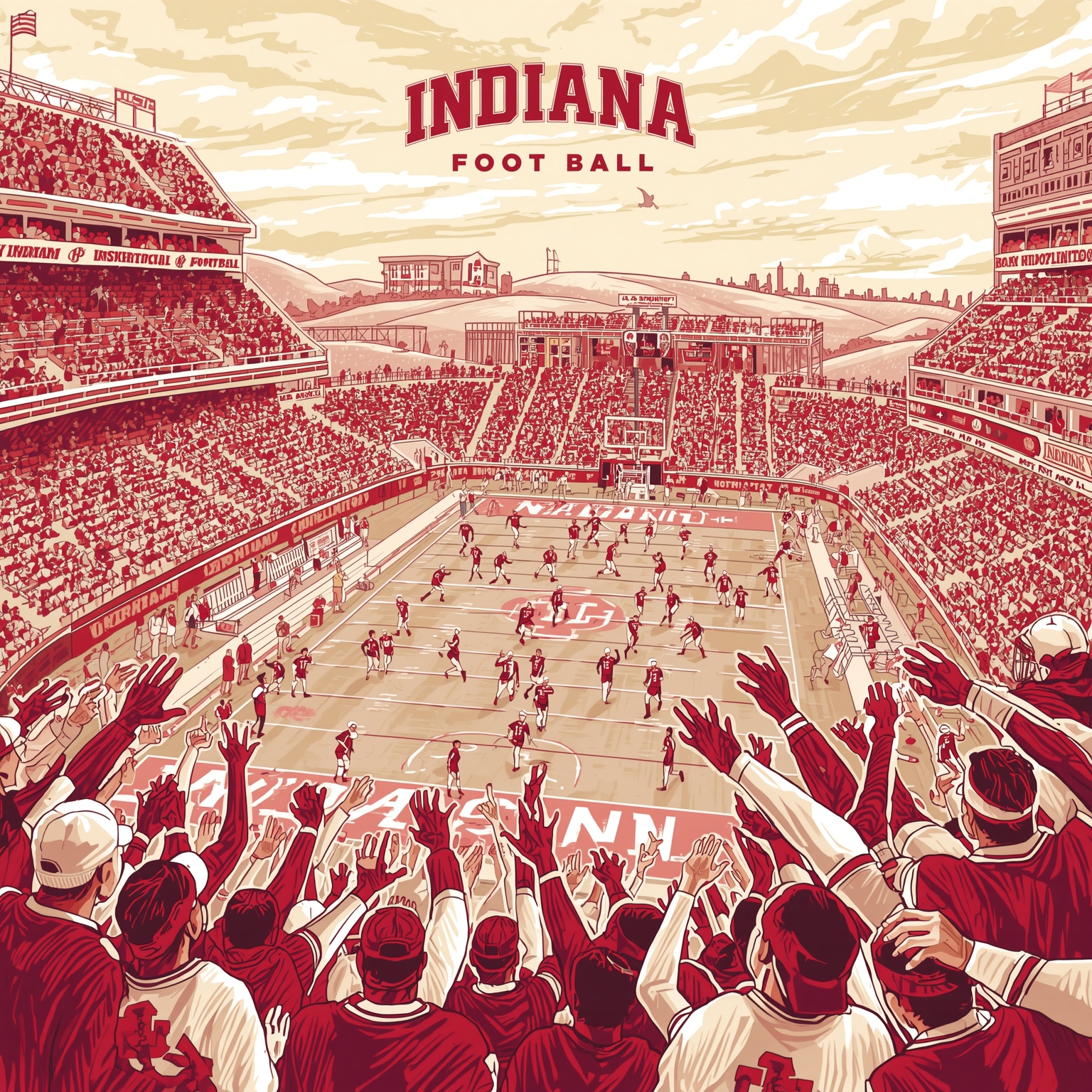 Indiana’s Ups & Downs: Football Glory, Basketball Defeat - painting of Indiana Hoosiers basketball, football venue