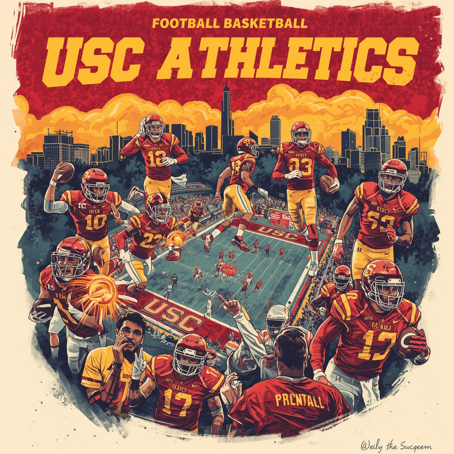 TITLE USC Athletics: Football Recruits & Basketball Highlights - painting of USC Trojans football, basketball venue