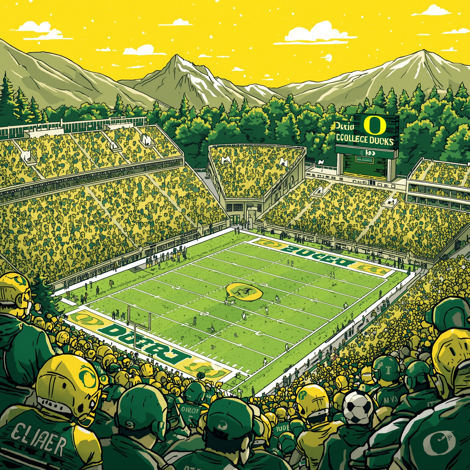 Ducks Dive into Transfers, Crowd Chaos, and 2026 Matchups - painting of Oregon Ducks football venue