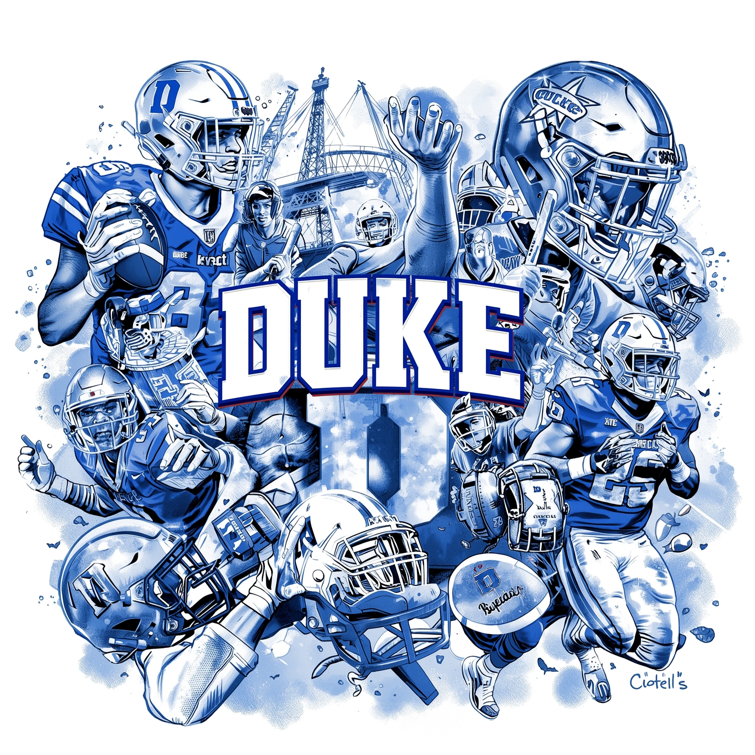 Duke's Hoops Rise and Gridiron Gains - painting of Duke Blue Devils basketball, football venue