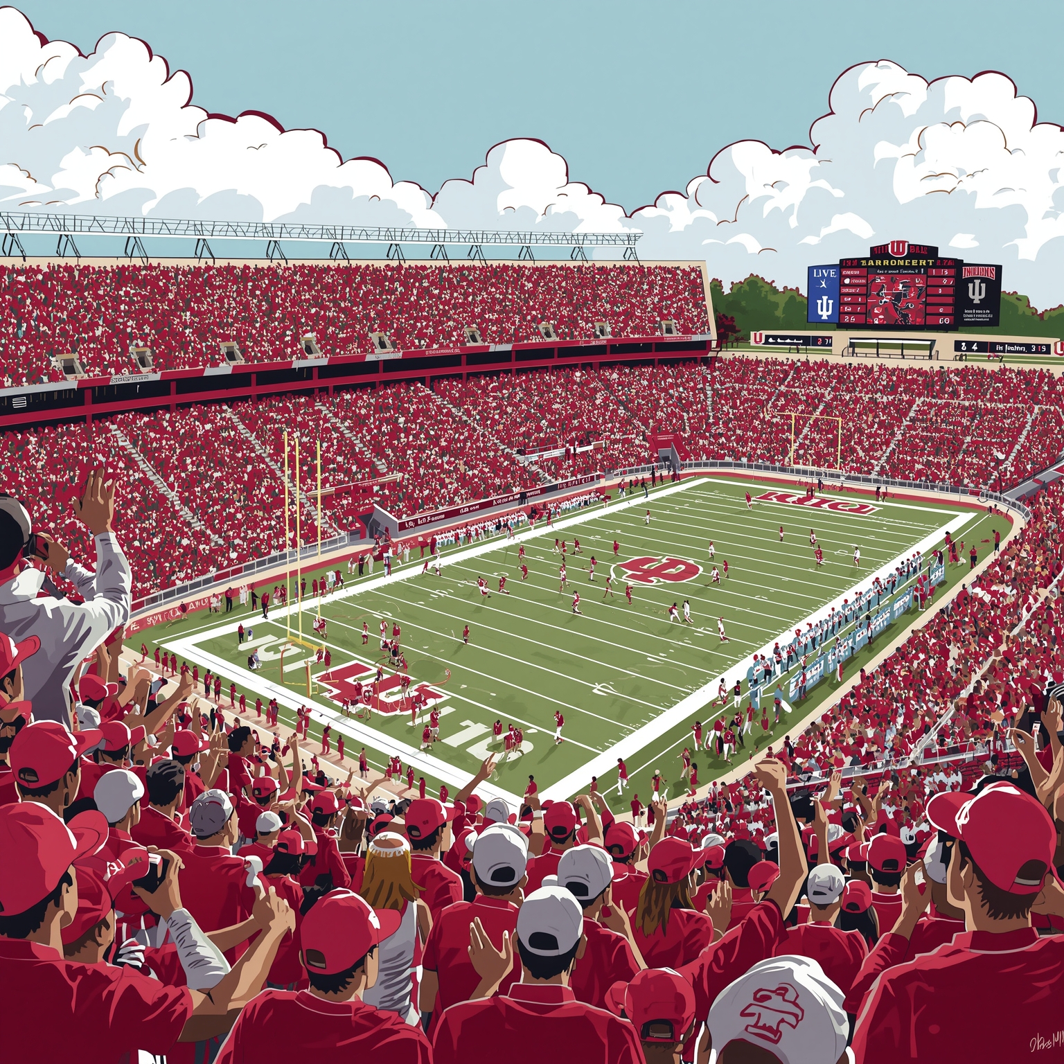 Hoosier Showdowns: Courts, Playoffs, and Championship Schemes - painting of Indiana Hoosiers basketball, football venue