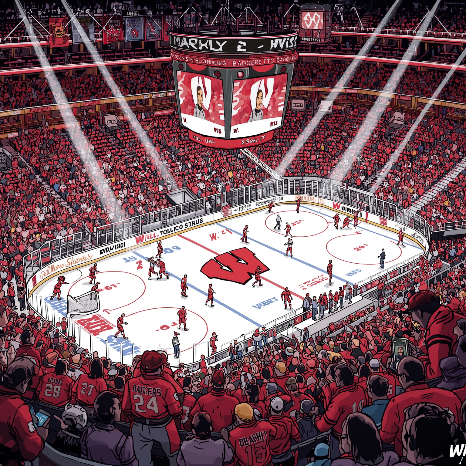 Badgers’ Upset Loss, Guard’s Grit, Coach’s Kudos - painting of Wisconsin Badgers hockey,basketball venue