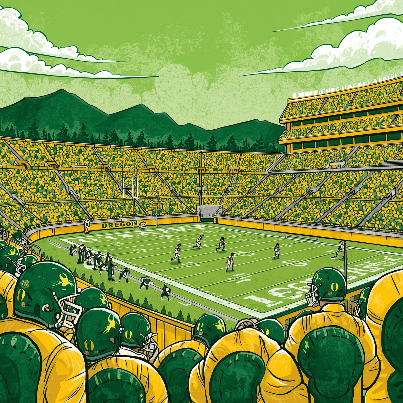 Oregon Ducks Overhaul Lines with Transfer Stars - painting of Oregon Ducks football venue