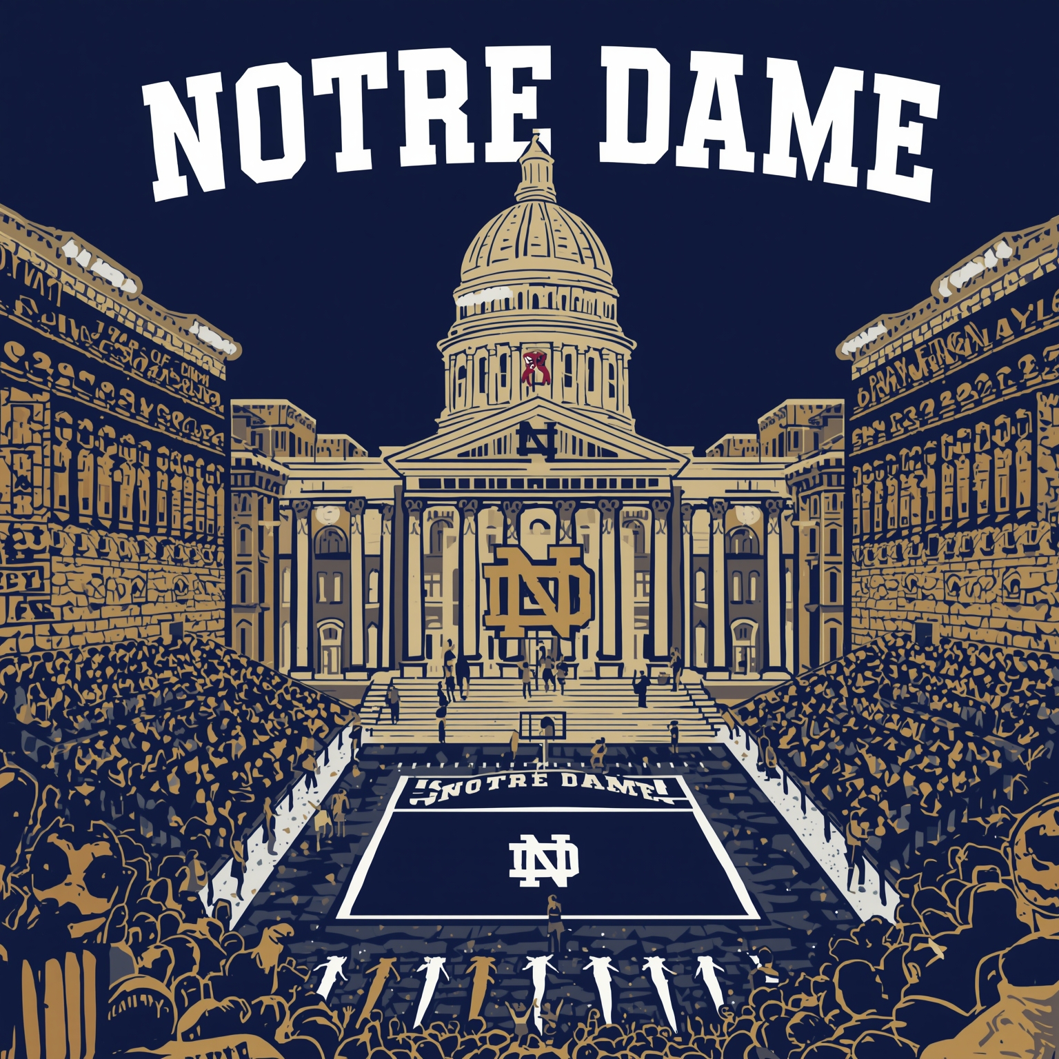 Notre Dame's Hectic Season: Games, Transfers, and Previews - painting of Notre Dame Fighting Irish football, basketball venue