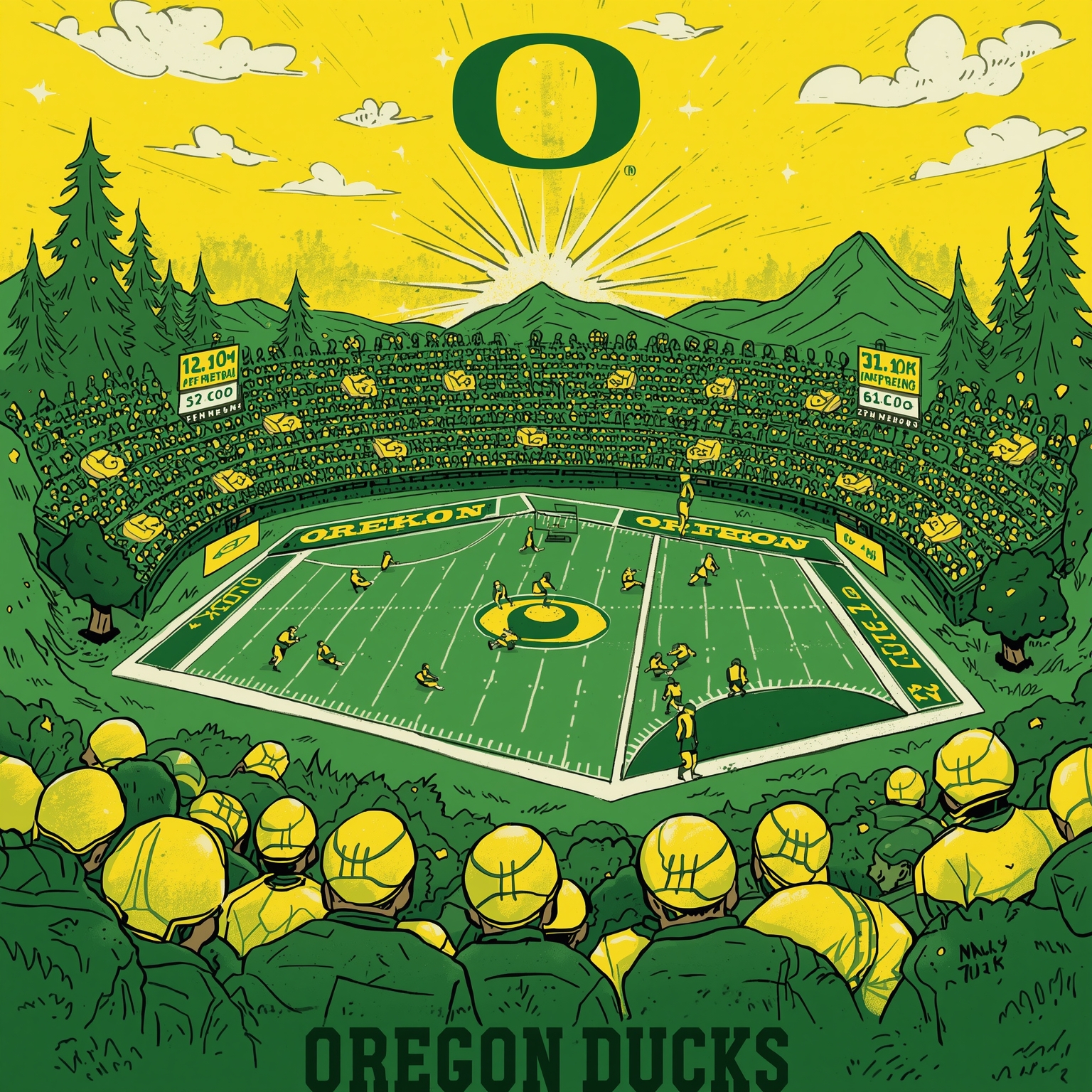 Oregon Ducks: Recruiting Frenzy and Court Struggles - painting of Oregon Ducks football,basketball venue