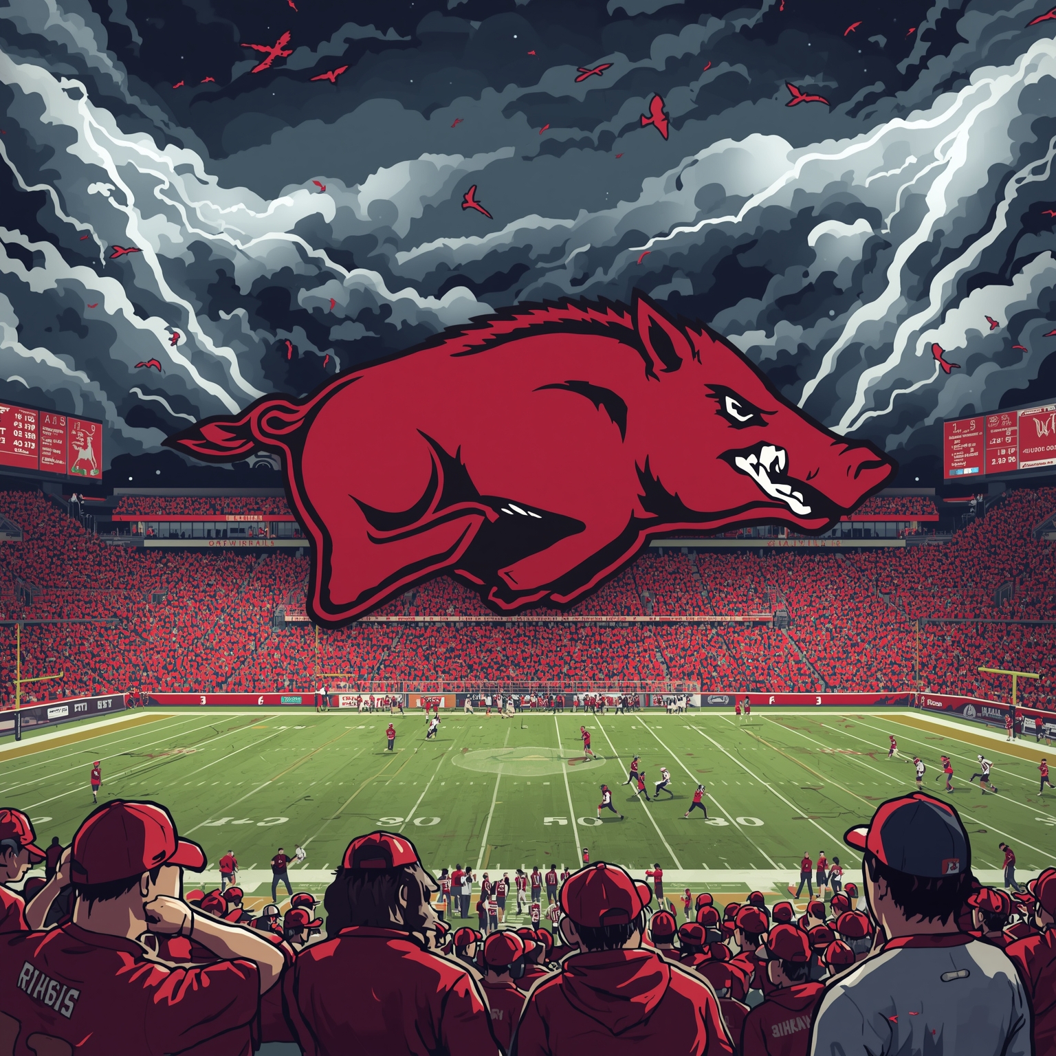 Arkansas Hogs: Schedules, Storms, and Sideline Shenanigans - painting of Arkansas Razorbacks football, basketball venue