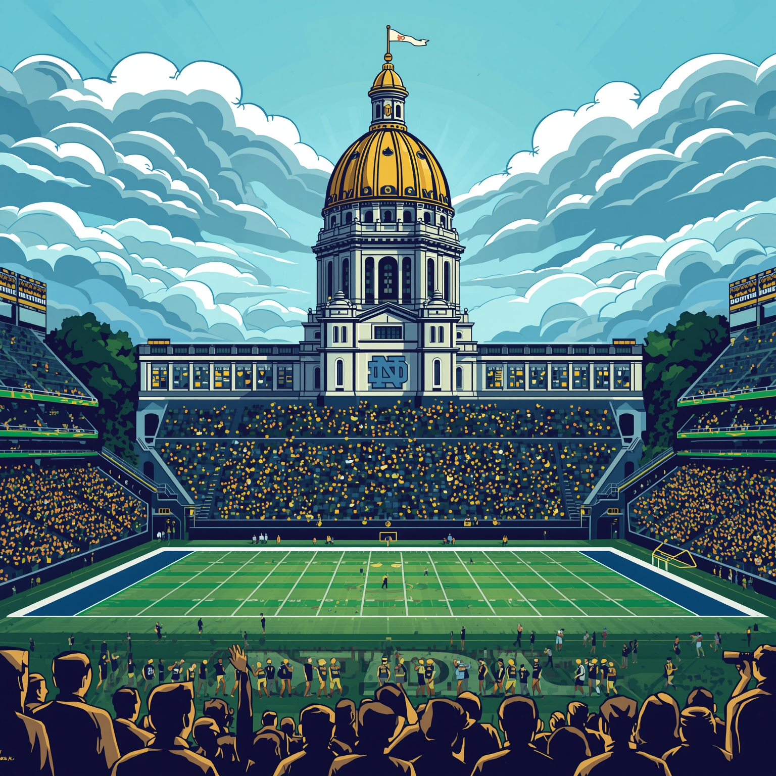 Notre Dame's On-Field Drama and Hoops Horror - painting of Notre Dame Fighting Irish football,basketball venue