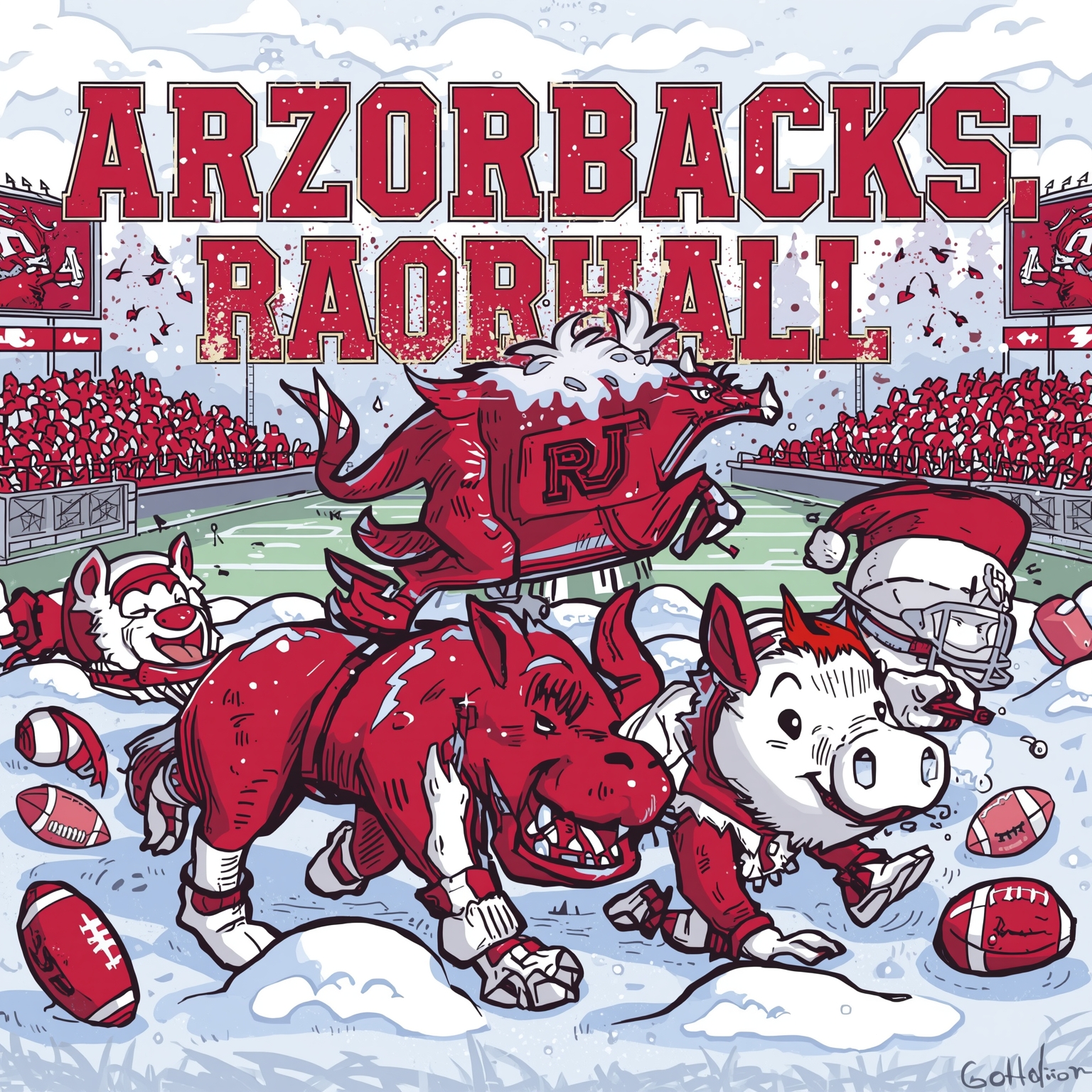 Arkansas Razorbacks: Snow, State Pride & Football Cash - painting of Arkansas Razorbacks basketball, football venue