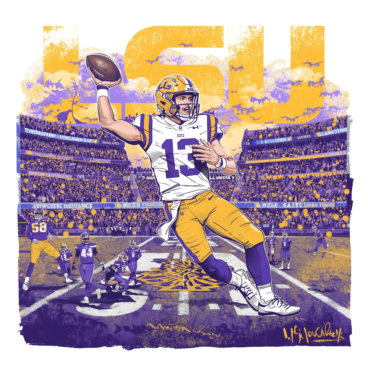 LSU’s Transfer Overhaul: Depth Charts, QB, OL & WR Picks - painting of LSU Tigers football venue