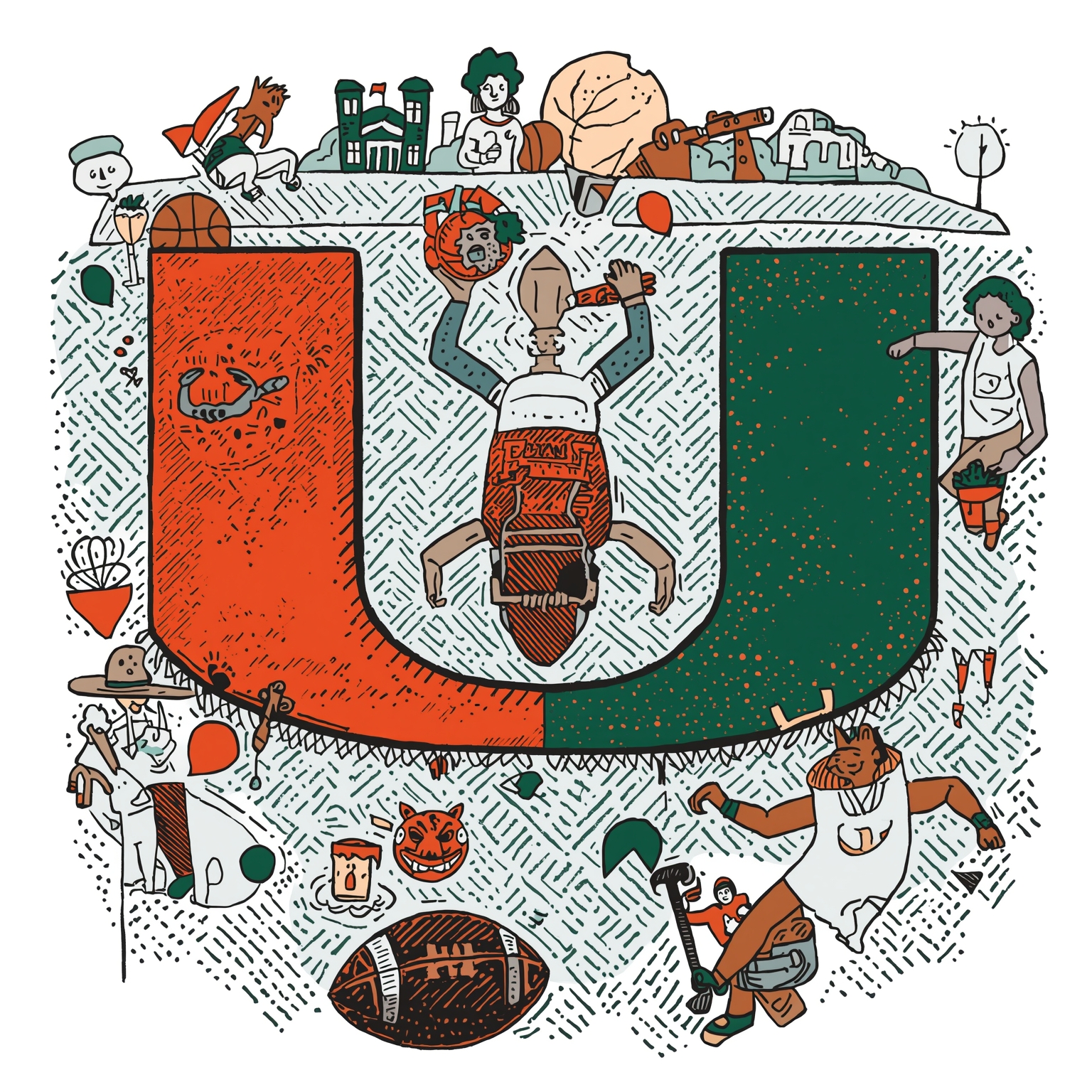 Miami’s Roster Overhaul: Transfers, Rankings & Breakouts - painting of Miami Hurricanes football, basketball venue