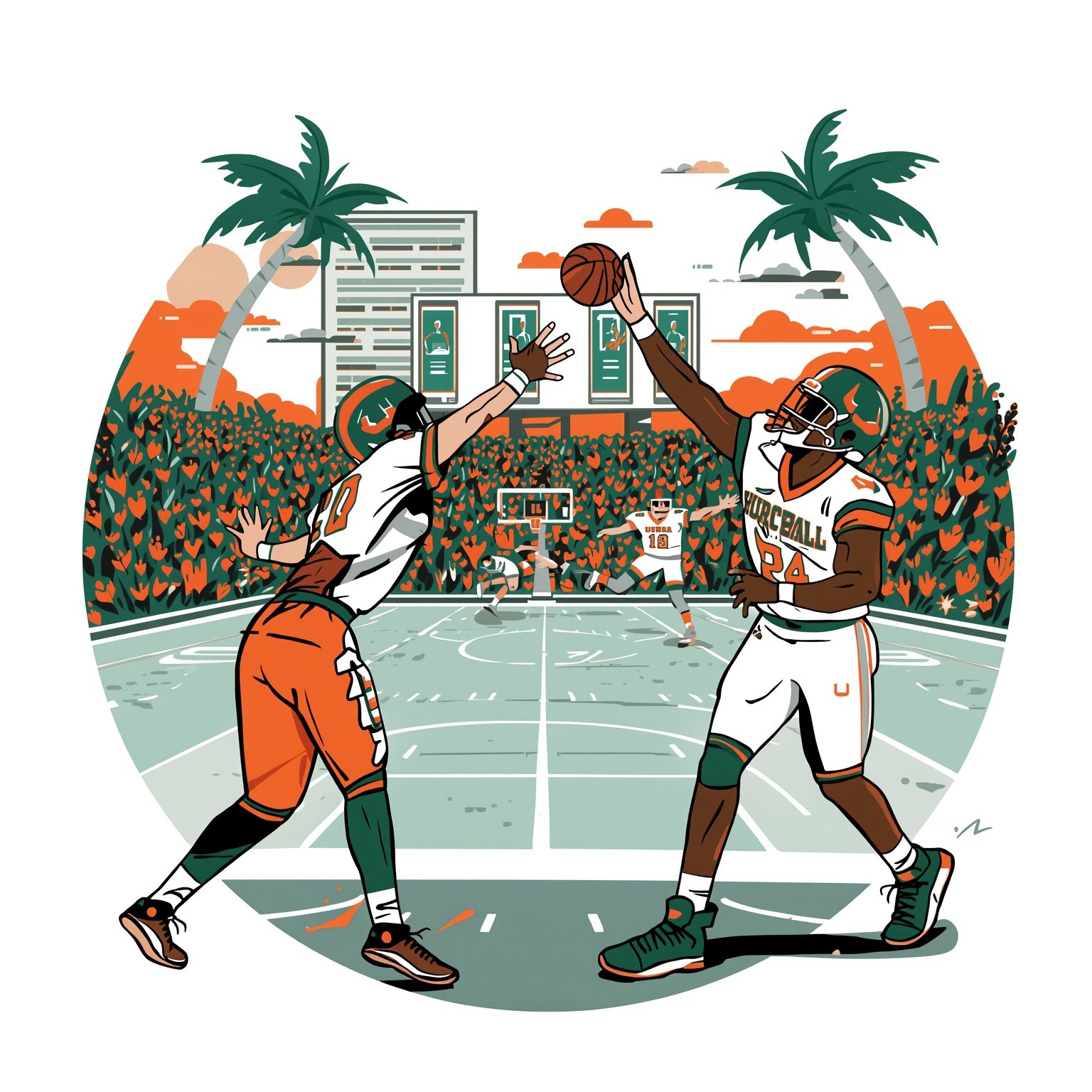 Miami Hurricanes Faces Coaching Shuffle and Court Struggles - painting of Miami Hurricanes football, basketball venue