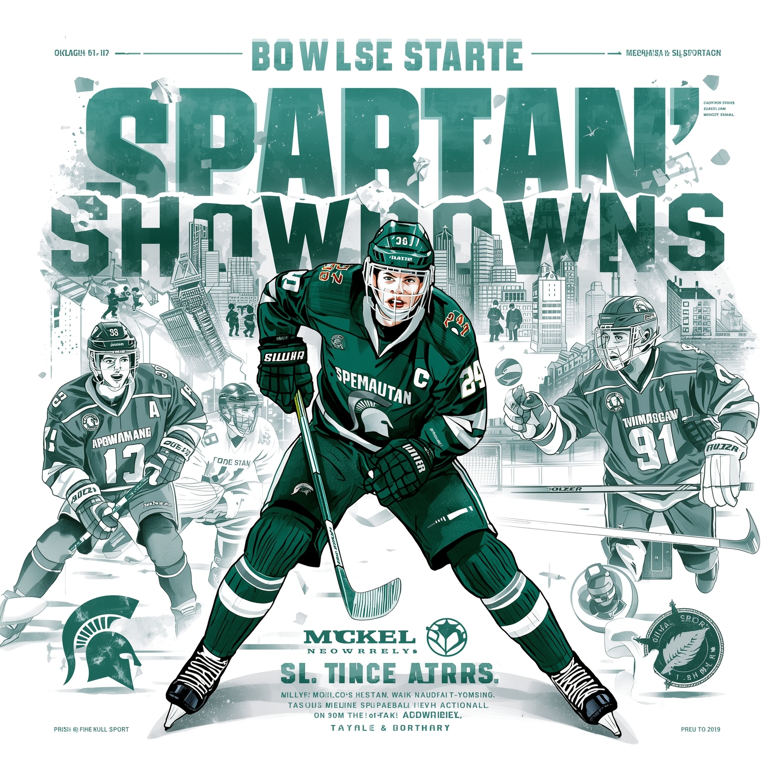 Spartan Showdowns: Hockey Duel & Hoops Drama - painting of Michigan State Spartans basketball, hockey venue