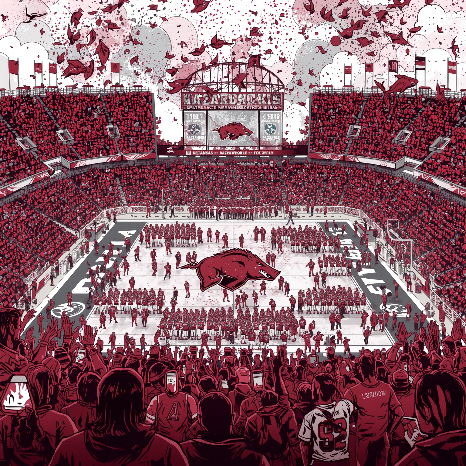 SEC Chaos, Sponsorship Sabotage & Bench Ballet - painting of Arkansas Razorbacks football,basketball venue