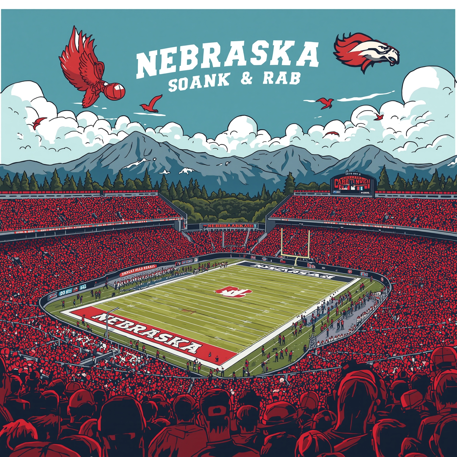Nebraska Sports: From Super Bowls to Softball Shenanigans - painting of Nebraska Cornhuskers football,basketball,softball venue
