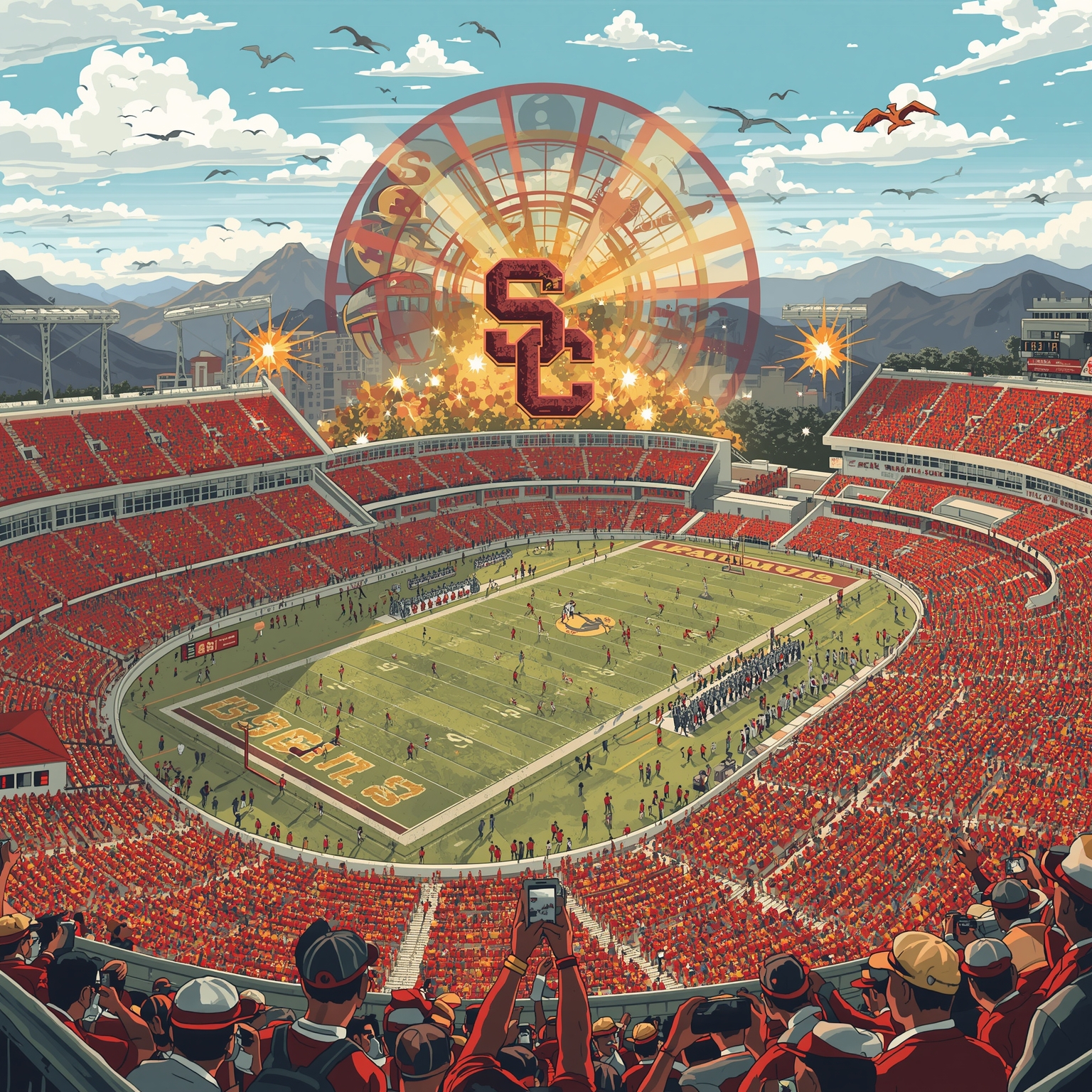 USC Trojans’ Rising Stars and Super Bowl Glory - painting of USC Trojans basketball, football venue