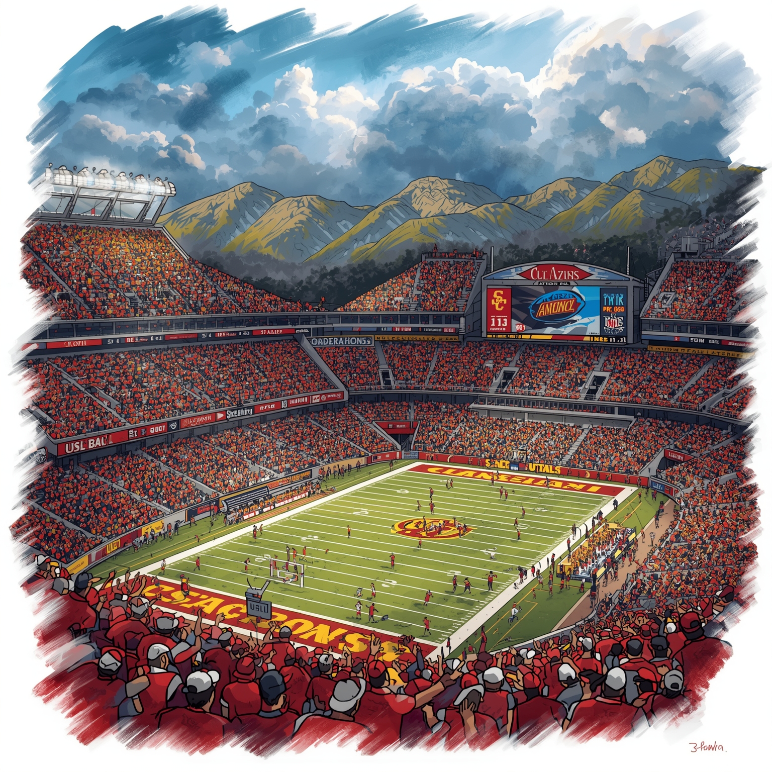 USC Stars Dominate Courts and Super Bowl - painting of USC Trojans football, basketball venue