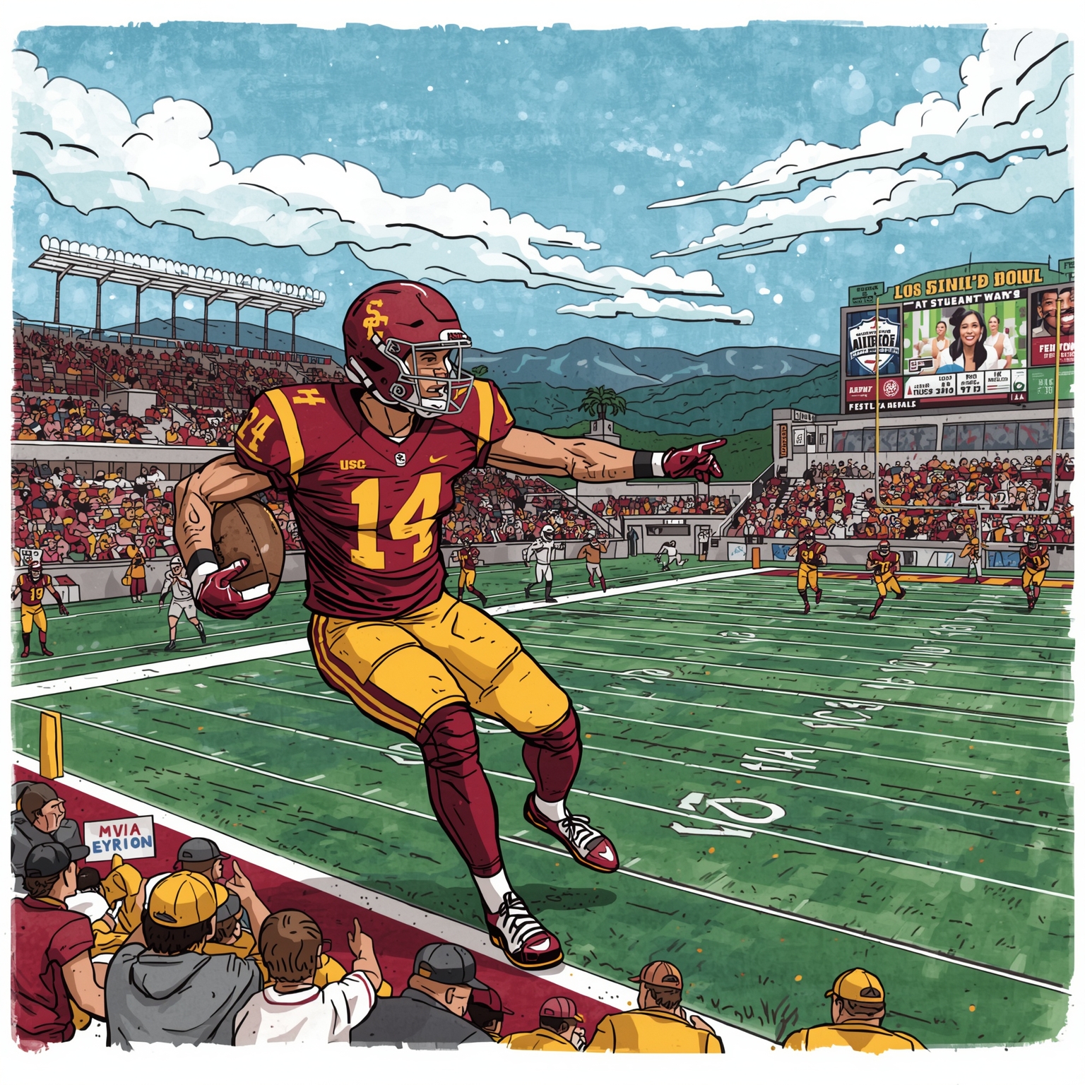 Trojans’ Safety Shocks Scouts at Senior Bowl - painting of USC Trojans football venue