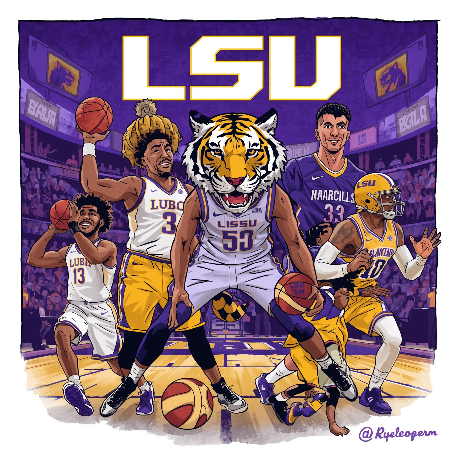 LSU Tigers Roundup: Hoops Clash to Speedy Freshman - painting of LSU Tigers basketball, football venue