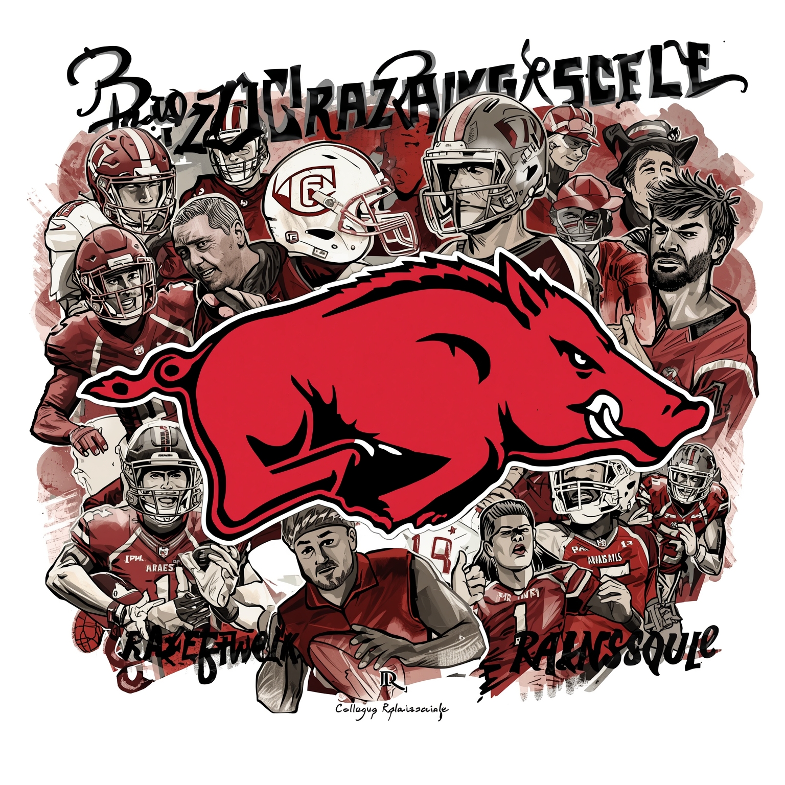 Razorback Renaissance: Rising Star and Coach Crossover - painting of Arkansas Razorbacks football,basketball venue