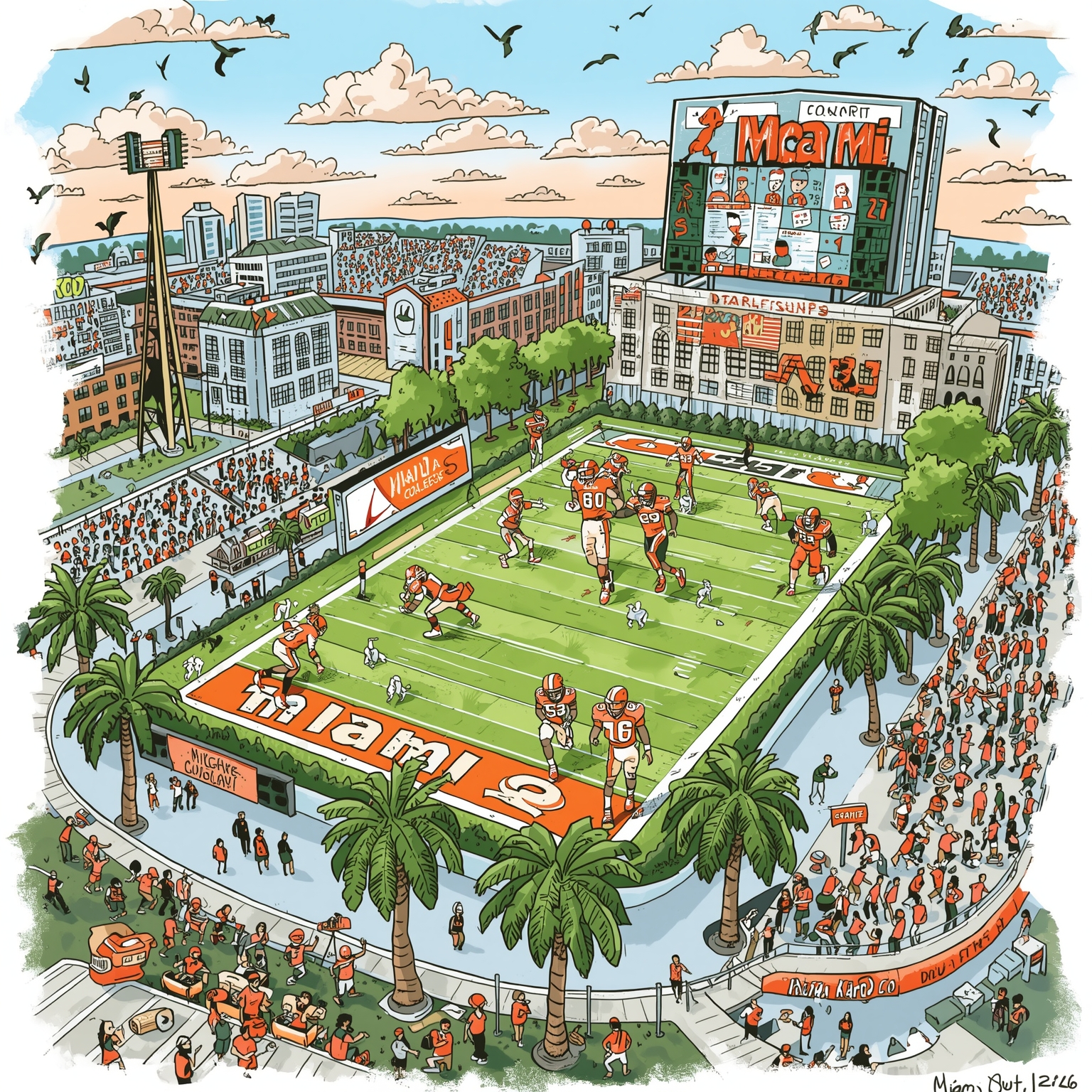 Miami’s Hurricanes: Draft Stars, Court Chaos & Opening Weekend - painting of Miami Hurricanes football,basketball,baseball venue