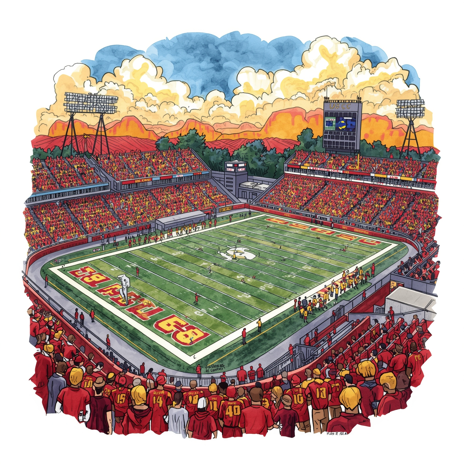 USC Athletics: Defensive Shakeups, QB Ceiling & Win Streak - painting of USC Trojans football,basketball venue