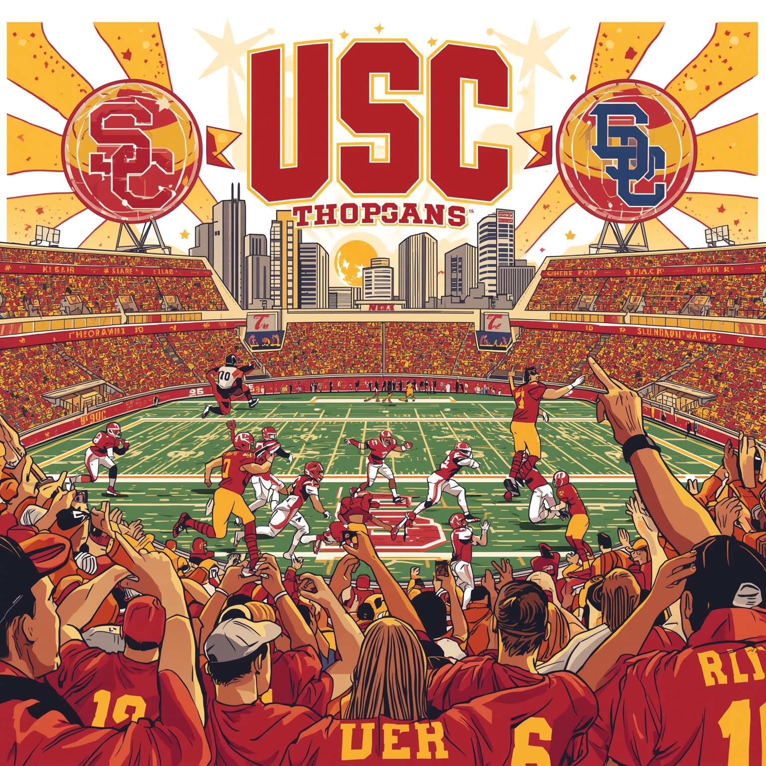USC Showdown: Trap Games, Freshman Star, Dream Recruit - painting of USC Trojans football,basketball venue