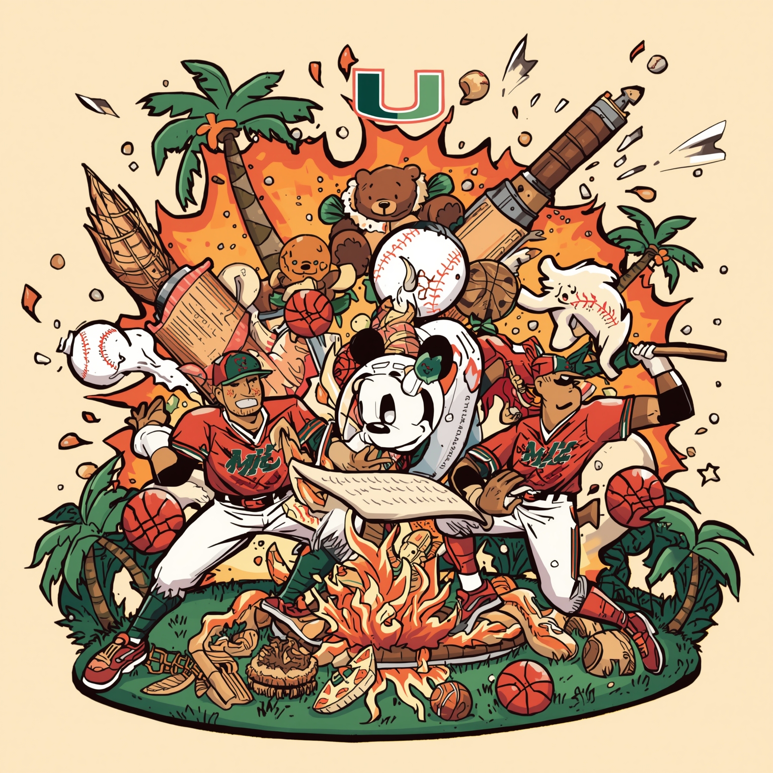Canes Dominate: Miami’s Baseball Explosion and Hoop Charge - painting of Miami Hurricanes baseball, basketball venue