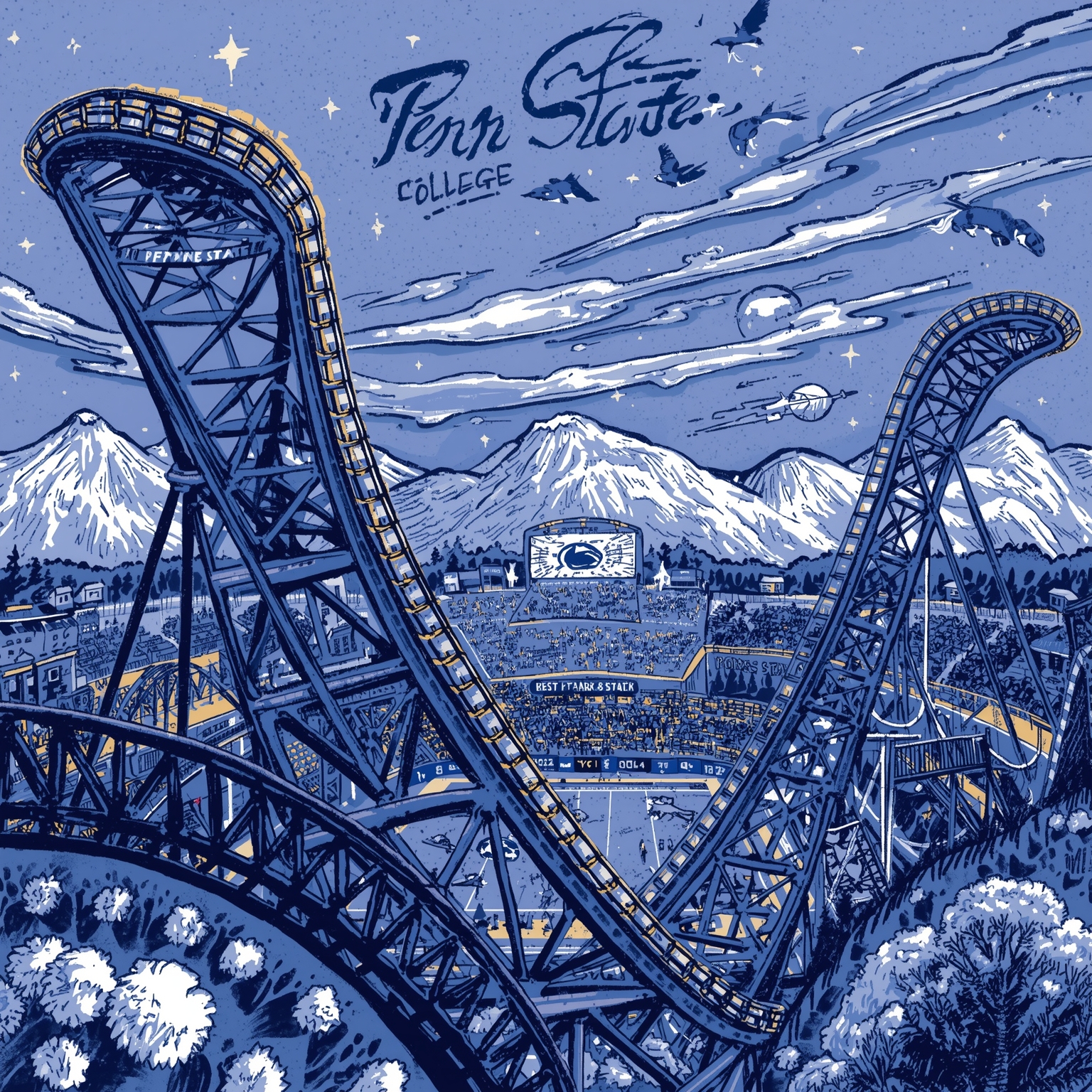 Penn State Sports Rollercoaster: Win, Cold Snap, and Spurn - painting of Penn State Nittany Lions basketball, hockey, football venue