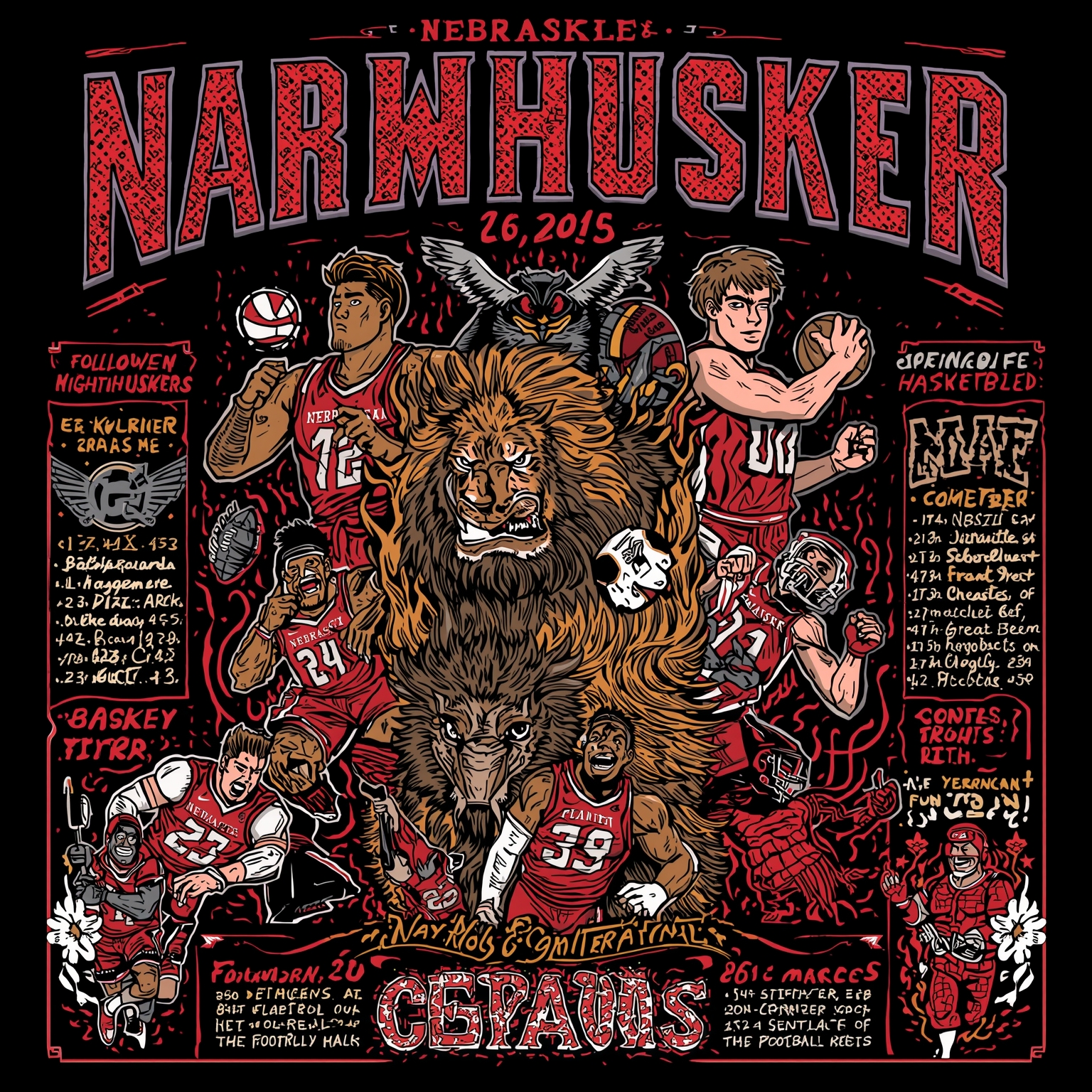 Nebraska’s Hoops Highs, Lows & Gridiron Gold Rush - painting of Nebraska Cornhuskers basketball, football venue