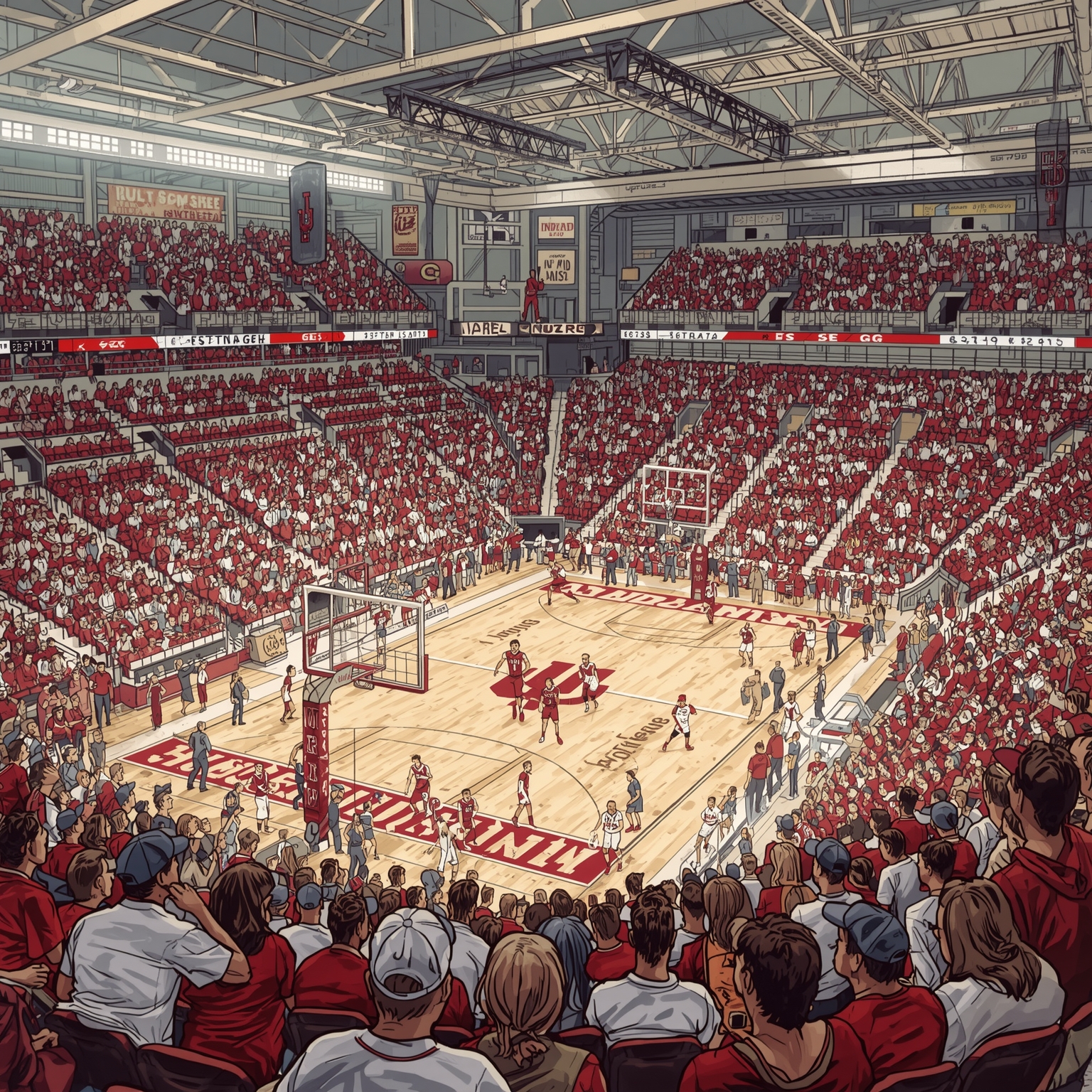 Hoosiers’ Highs and Lows: Court Crashes to QB Cascades - painting of Indiana Hoosiers basketball,football venue