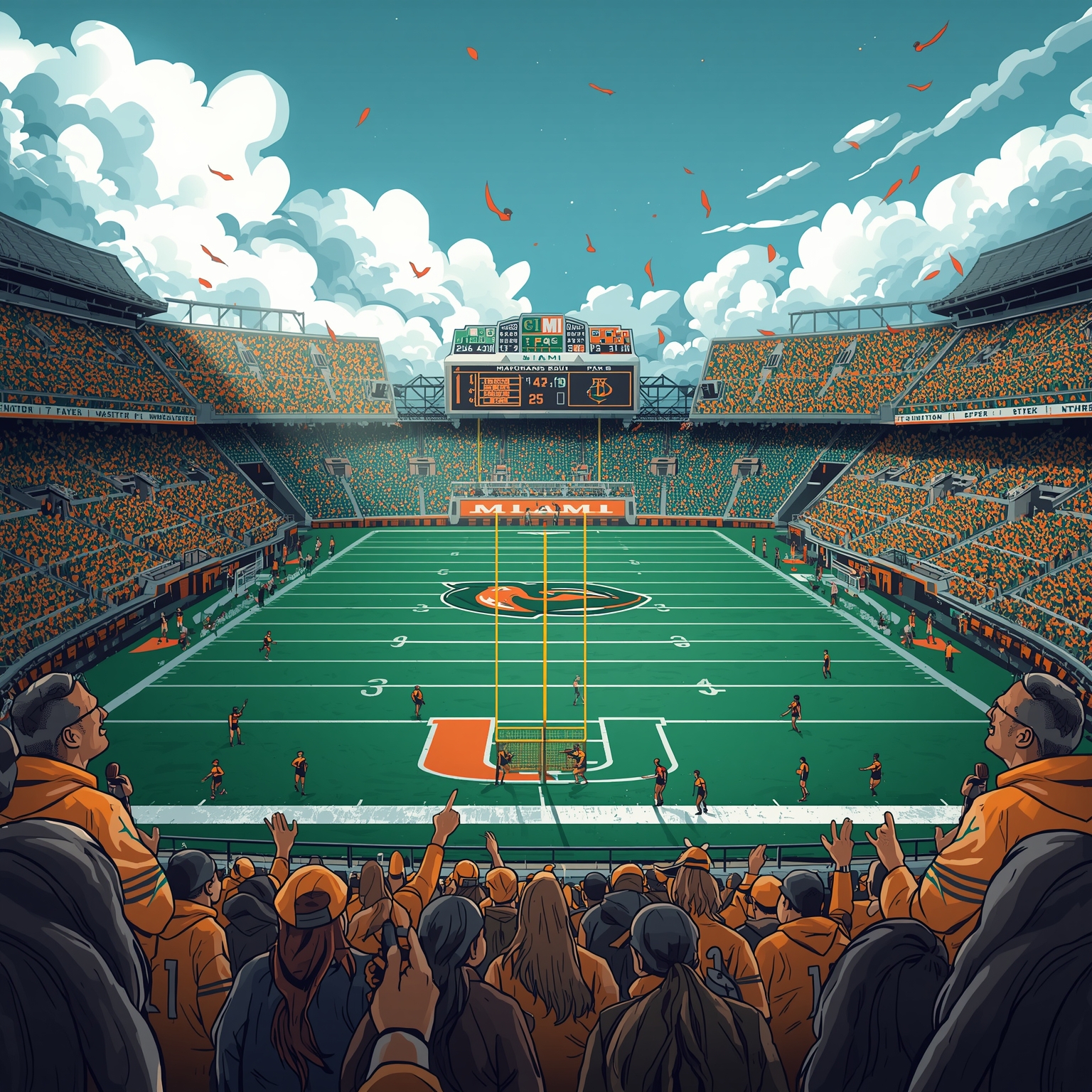Miami’s Sports Spotlight: Combine, Comedy, Freshman, Rivalry - painting of Miami Hurricanes football, basketball, baseball venue