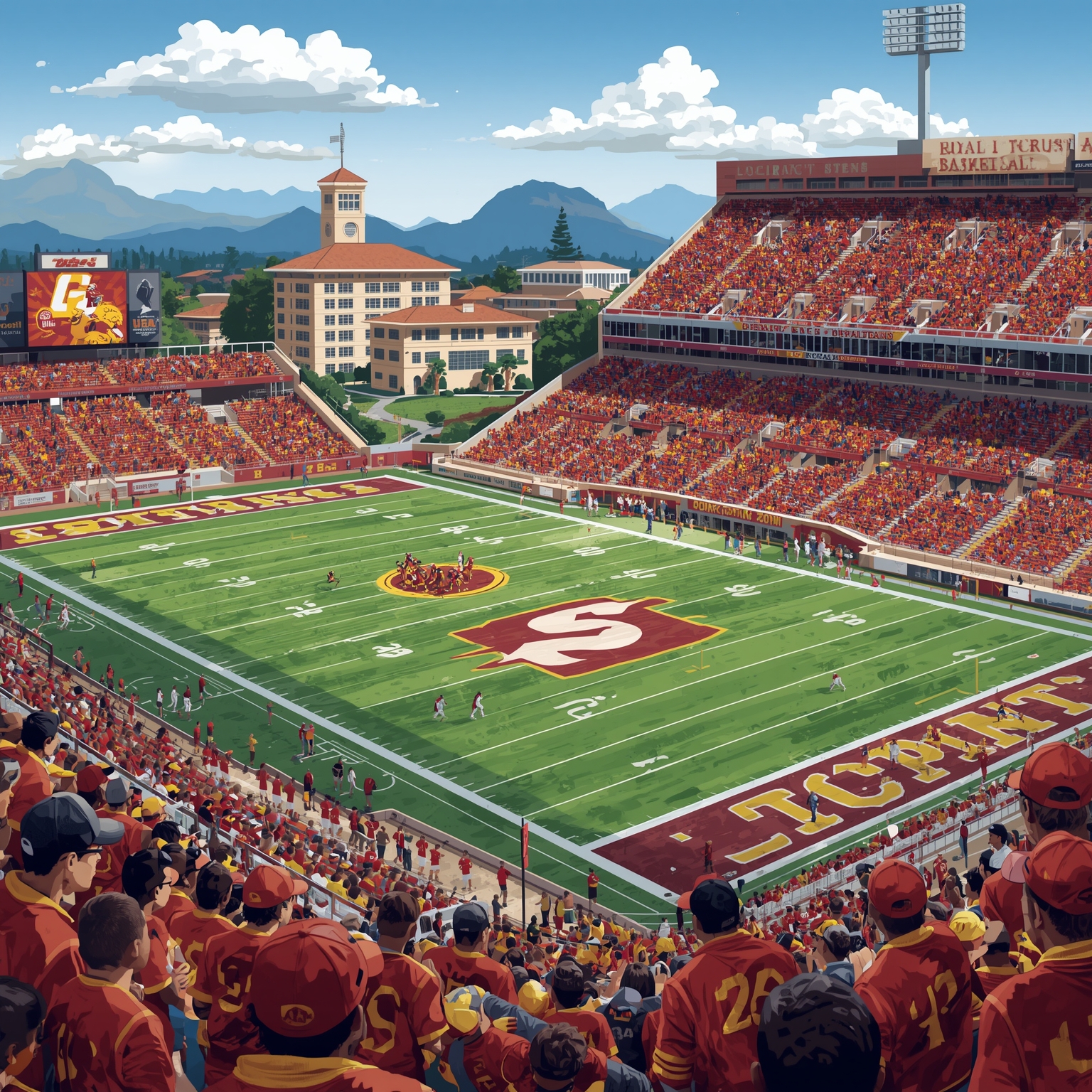 USC’s Bubble, Bruises & Budding Talent - painting of USC Trojans basketball, football venue