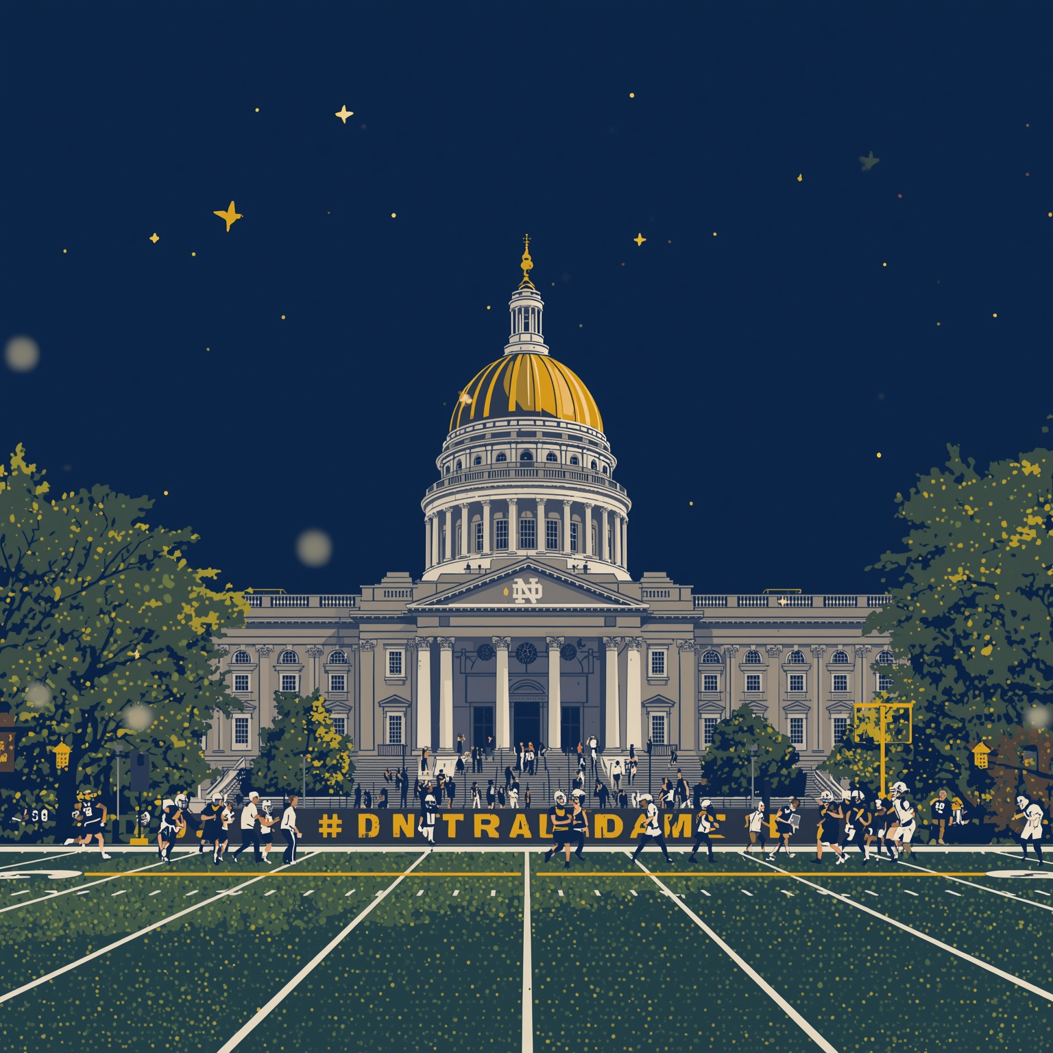 Irish Trials: Football Schedules & Basketball Fiascoes - painting of Notre Dame Fighting Irish football,basketball venue