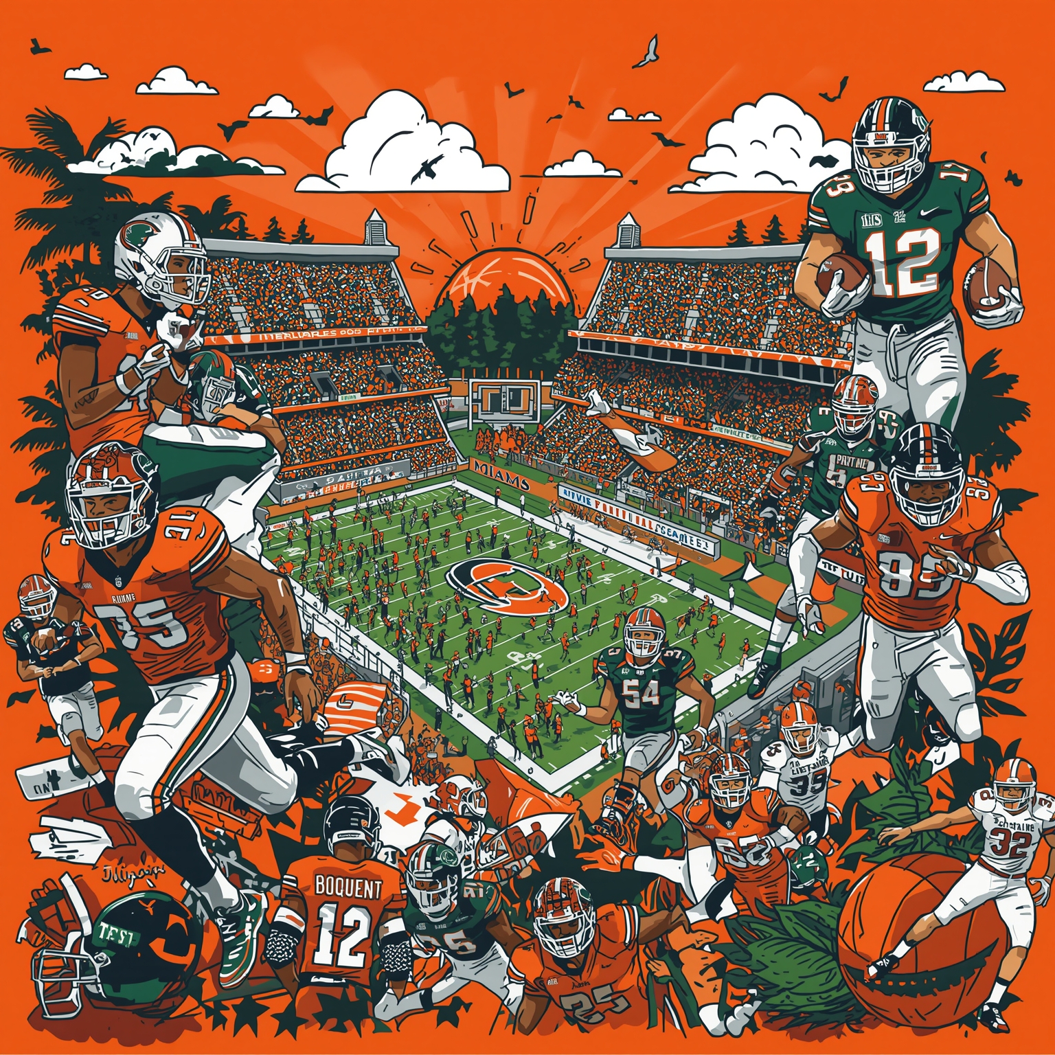 Miami’s Athletes Shine Across Courts, Diamonds, and Draft - painting of Miami Hurricanes football,basketball,baseball venue