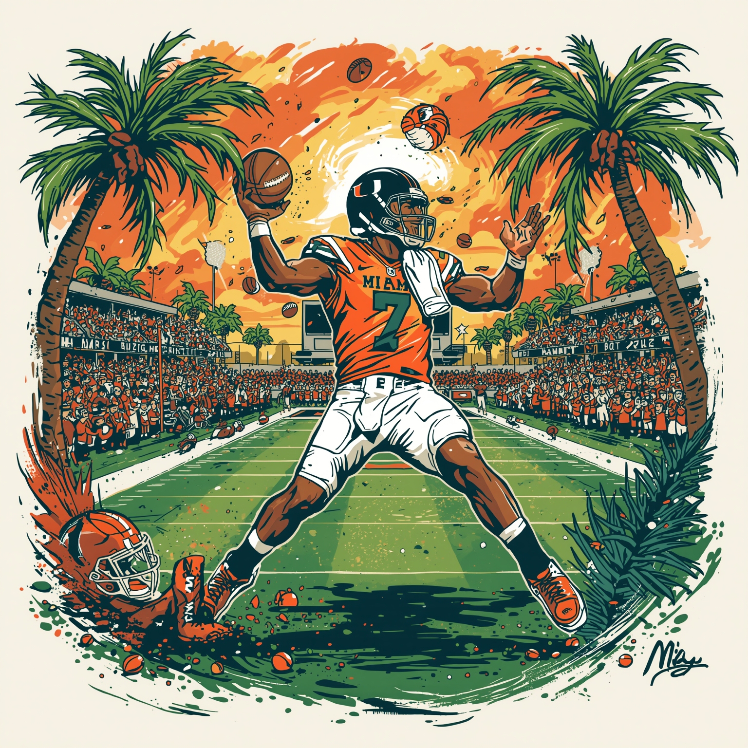 Hurricane Hype: Draft Picks, Preseason Honors & Hoop Fixes - painting of Miami Hurricanes football, baseball, basketball venue