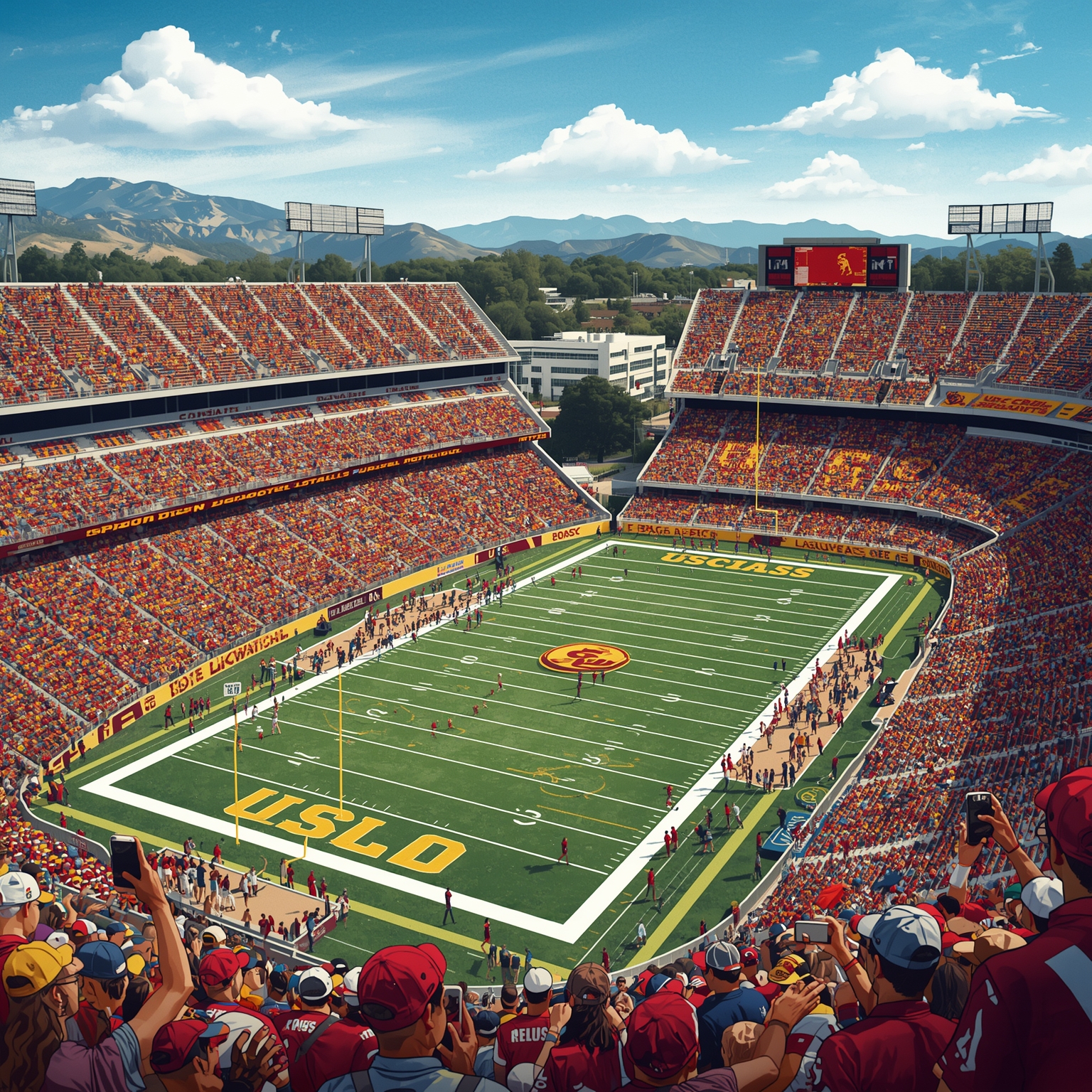 TITLE USC Trojans: From Spring Drills to NFL Dreams - painting of USC Trojans football venue