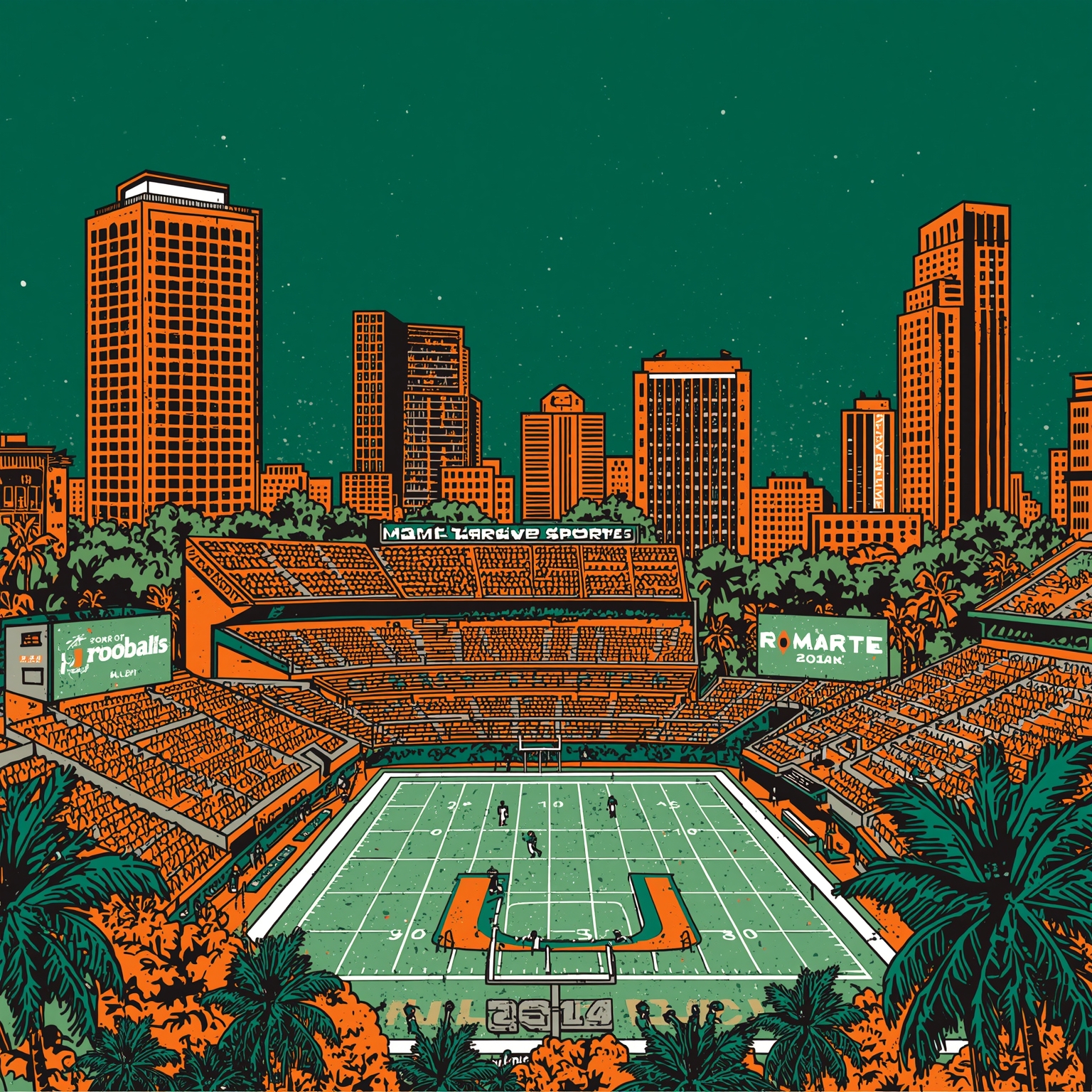 Miami Hurricanes: New Coach, Rotation, and Player Stories - painting of Miami Hurricanes football, basketball, baseball venue