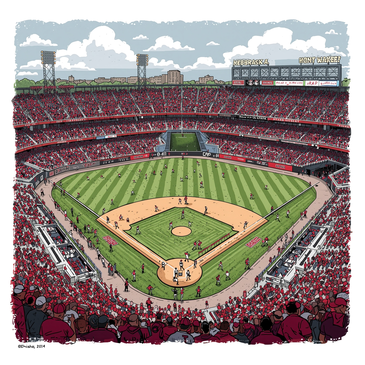 Huskers' Sports Frenzy: From Walk-Ons to Walk-Offs - painting of Nebraska Cornhuskers baseball,softball,football,basketball venue
