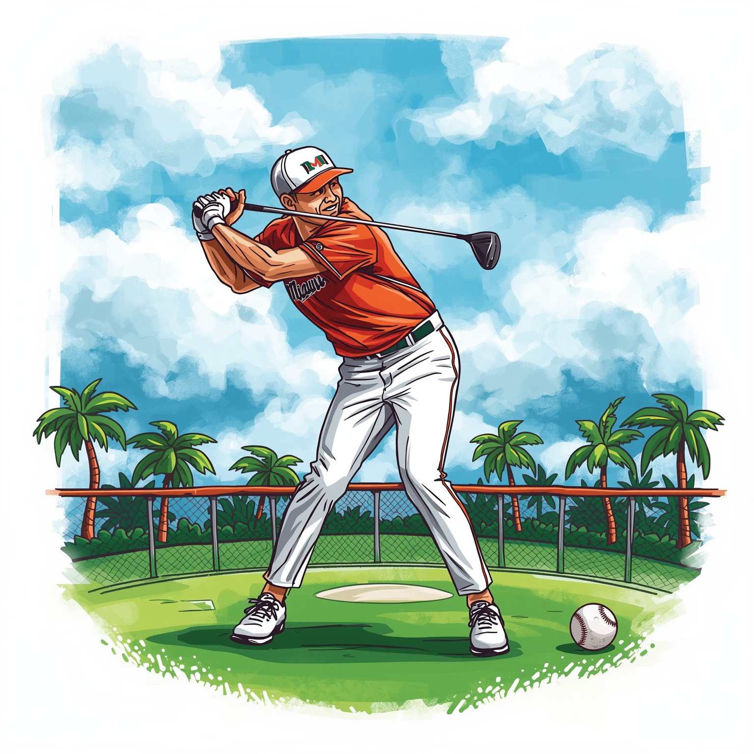 Hidden Golfer & Baseball Win Propel Miami - painting of Miami Hurricanes baseball, golf venue