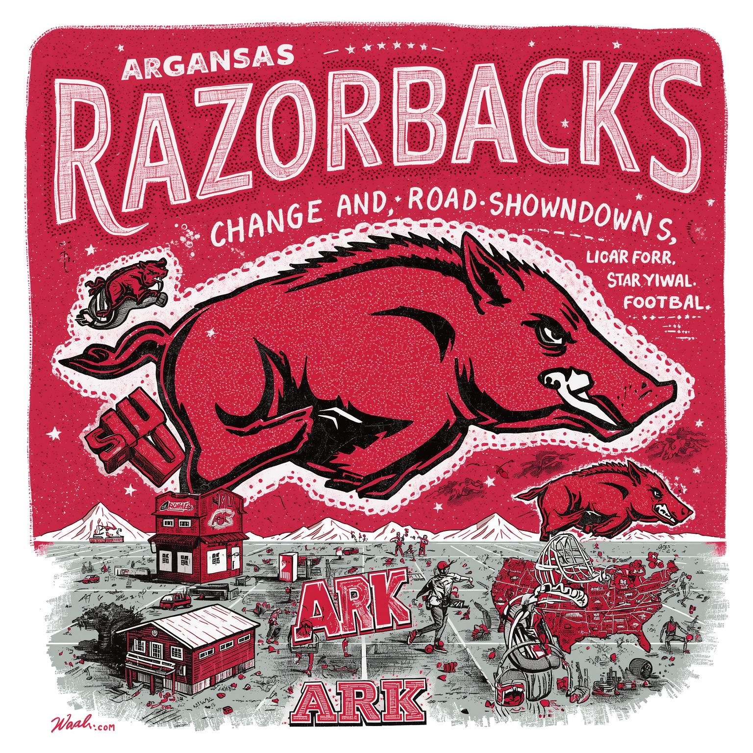 Arkansas Razorbacks: Cash, Change, and Road Showdowns - painting of Arkansas Razorbacks football,basketball venue