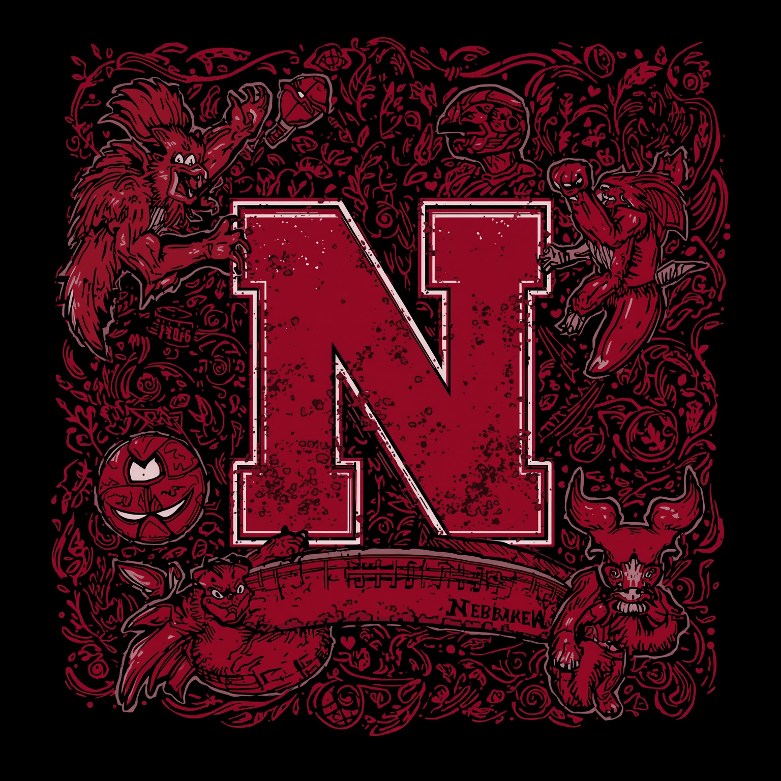 Nebraska’s Gridiron, Recruiting, and Bracket Fiesta - painting of Nebraska Cornhuskers football, basketball venue