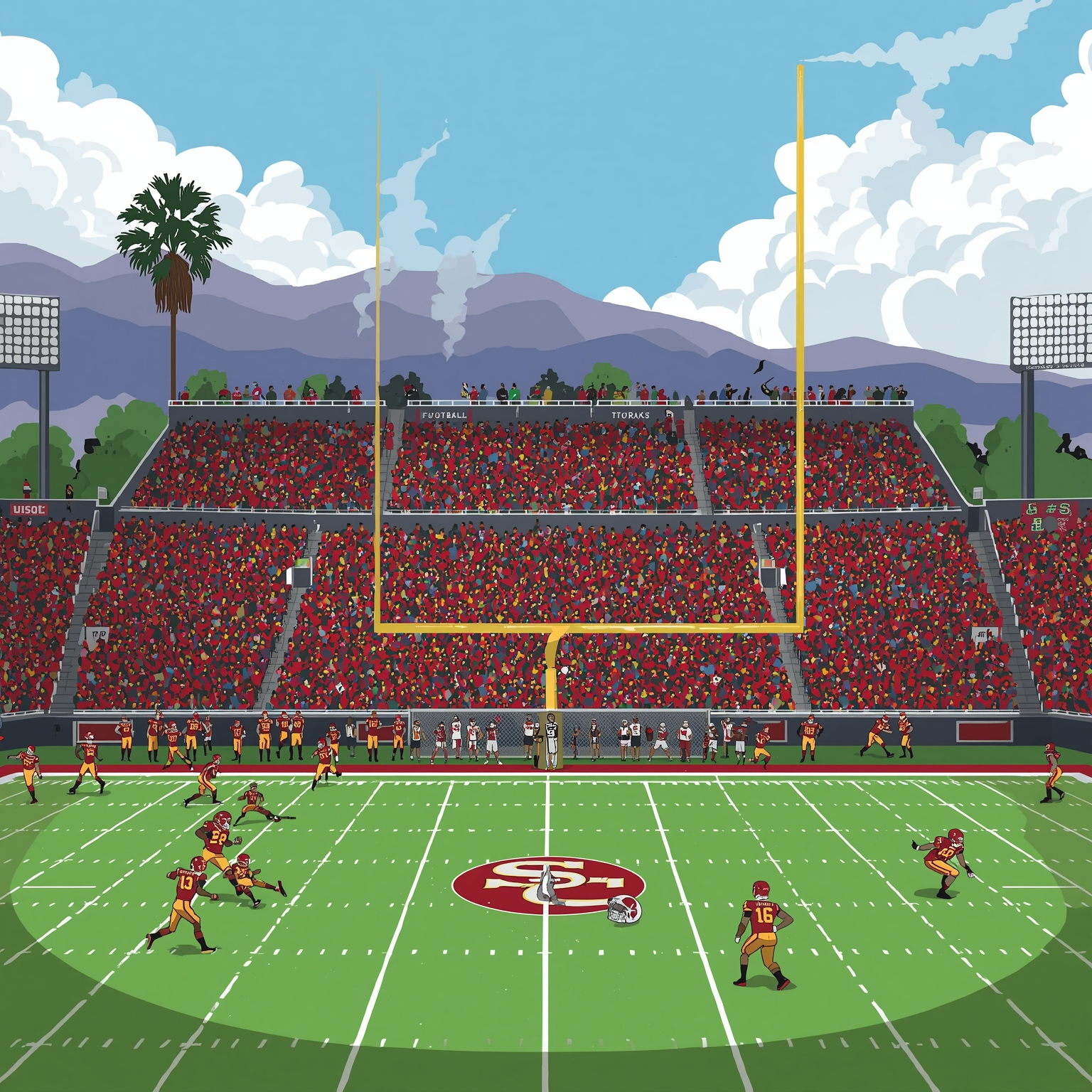 USC Athletes: Combine Wins and Court Woes - painting of USC Trojans football,basketball venue