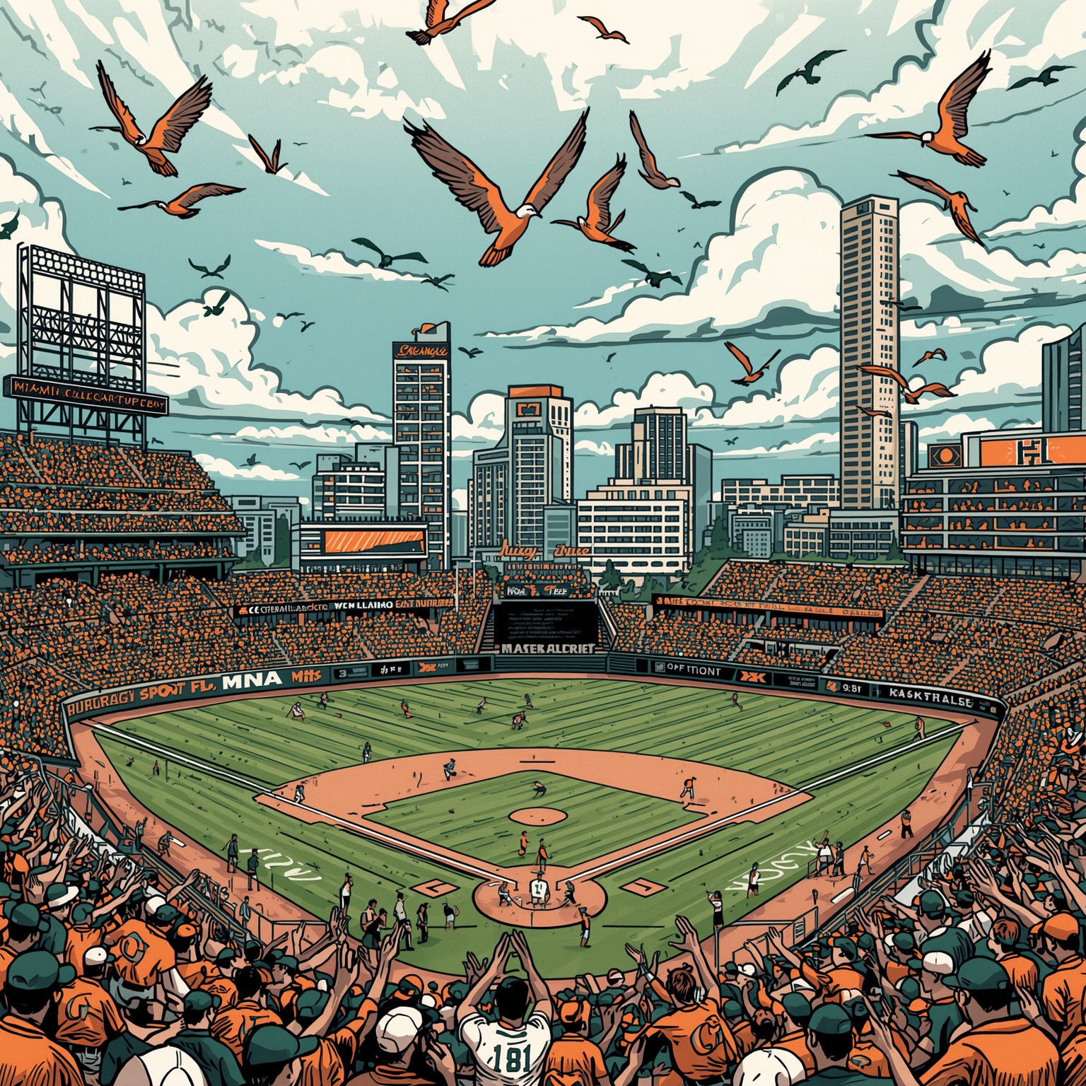 Miami's Baseball Brawl and ACC Hoops Clash - painting of Miami Hurricanes baseball, basketball venue