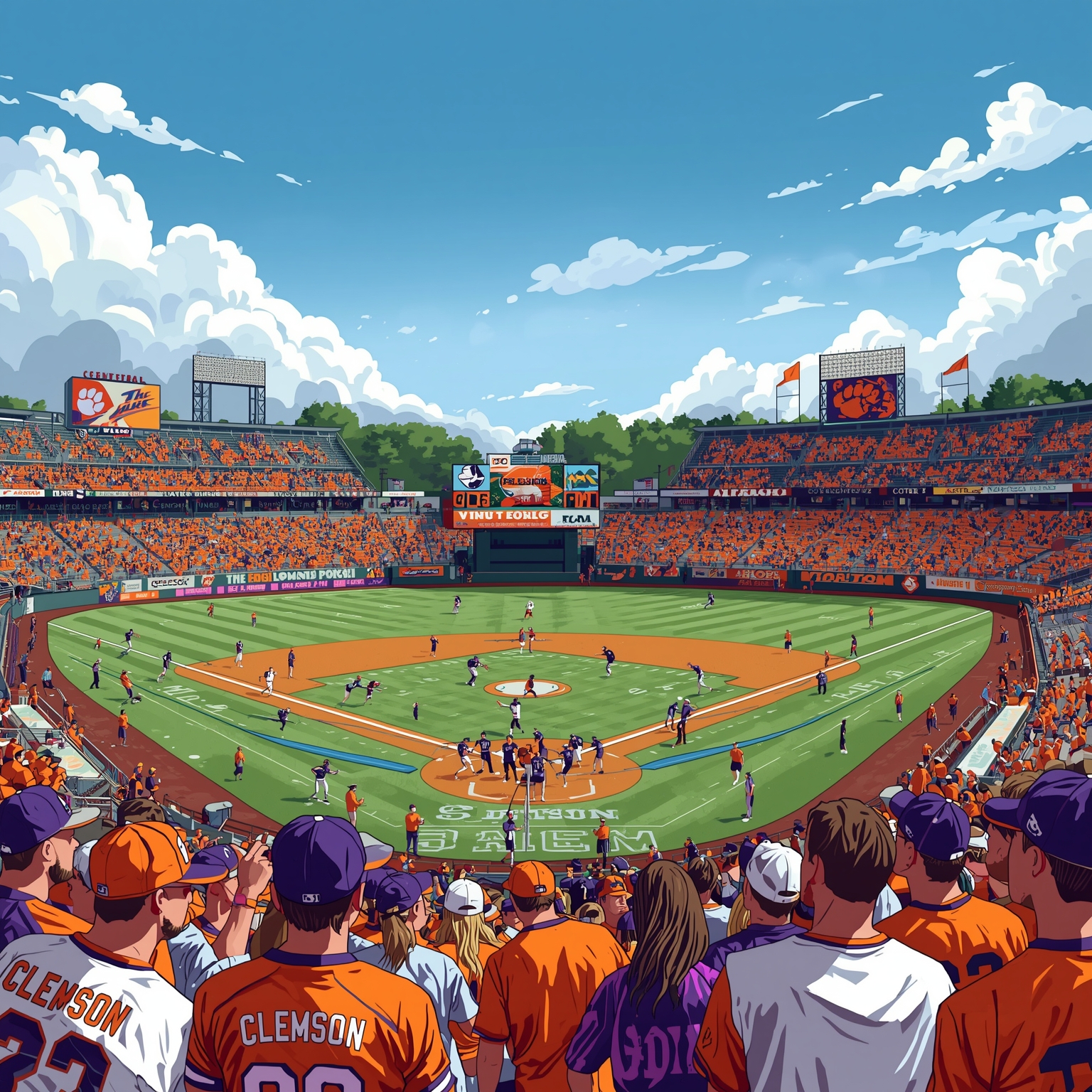 TITLE Clemson Baseball Triumphs and Football Overhaul - painting of Clemson Tigers baseball, football venue
