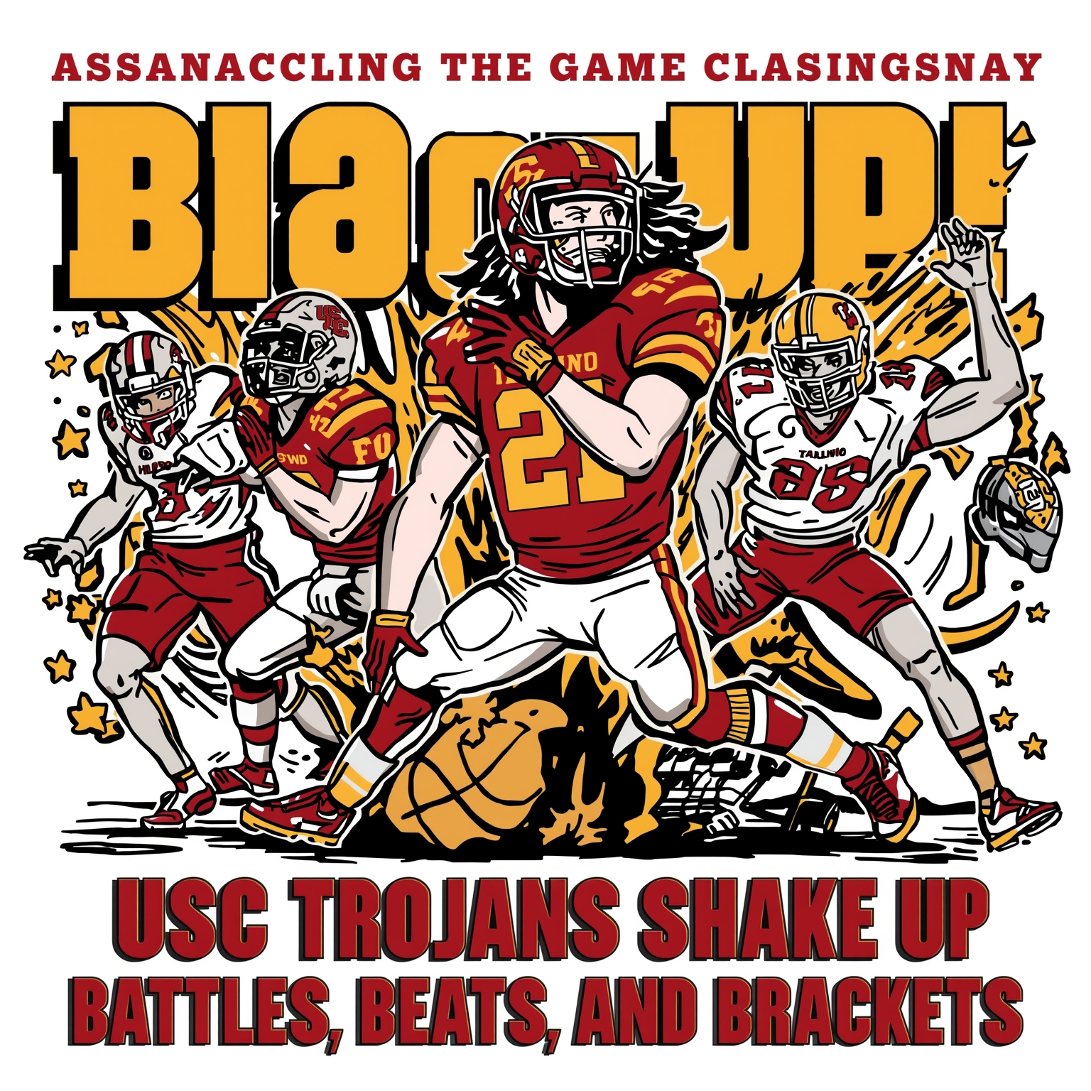 USC Trojans Shake Up: Battles, Beats, and Brackets - painting of USC Trojans football, baseball, basketball venue